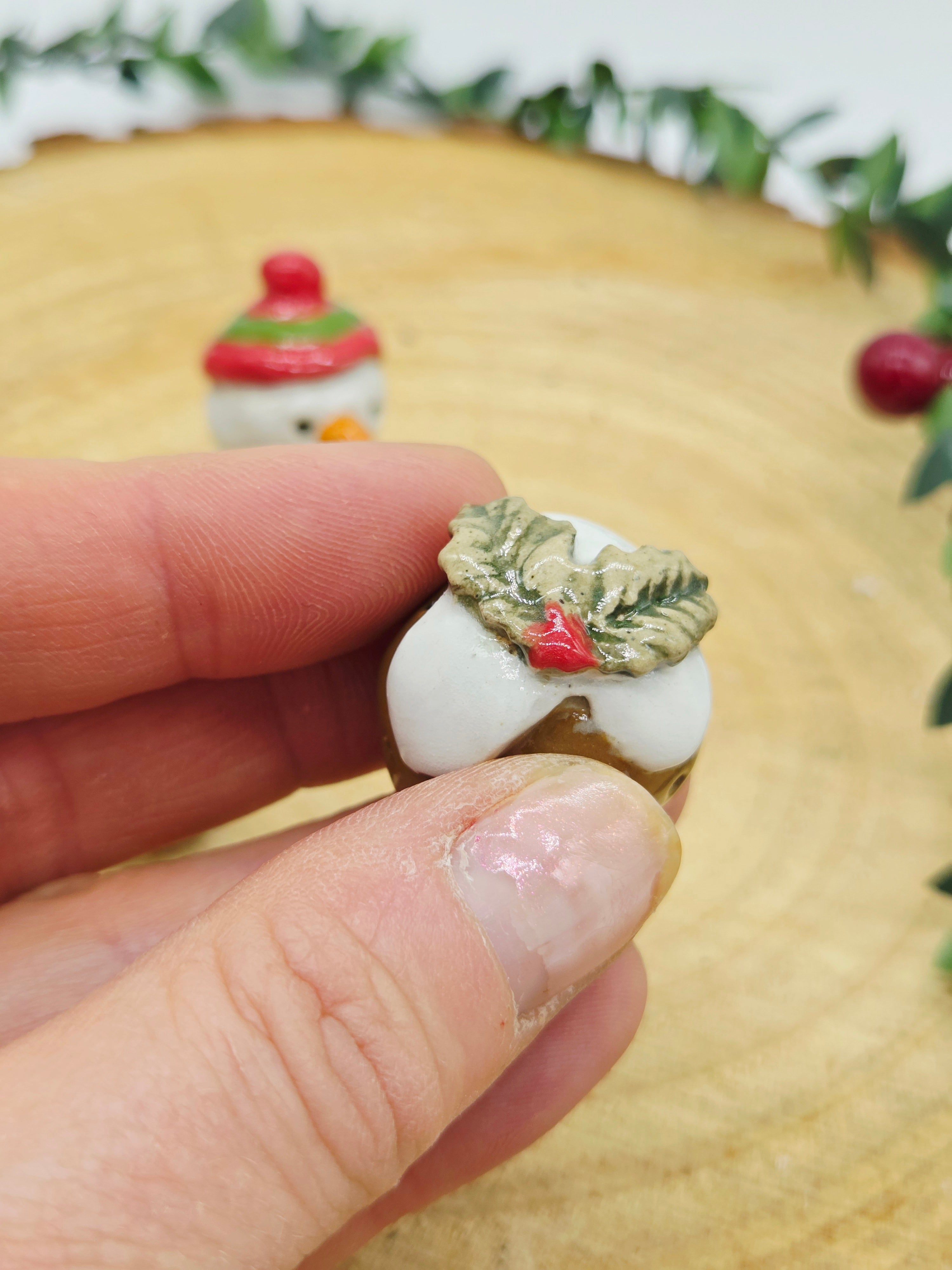 3 x tiny Christmas Ceramics - Snowman, Pudding, Present
