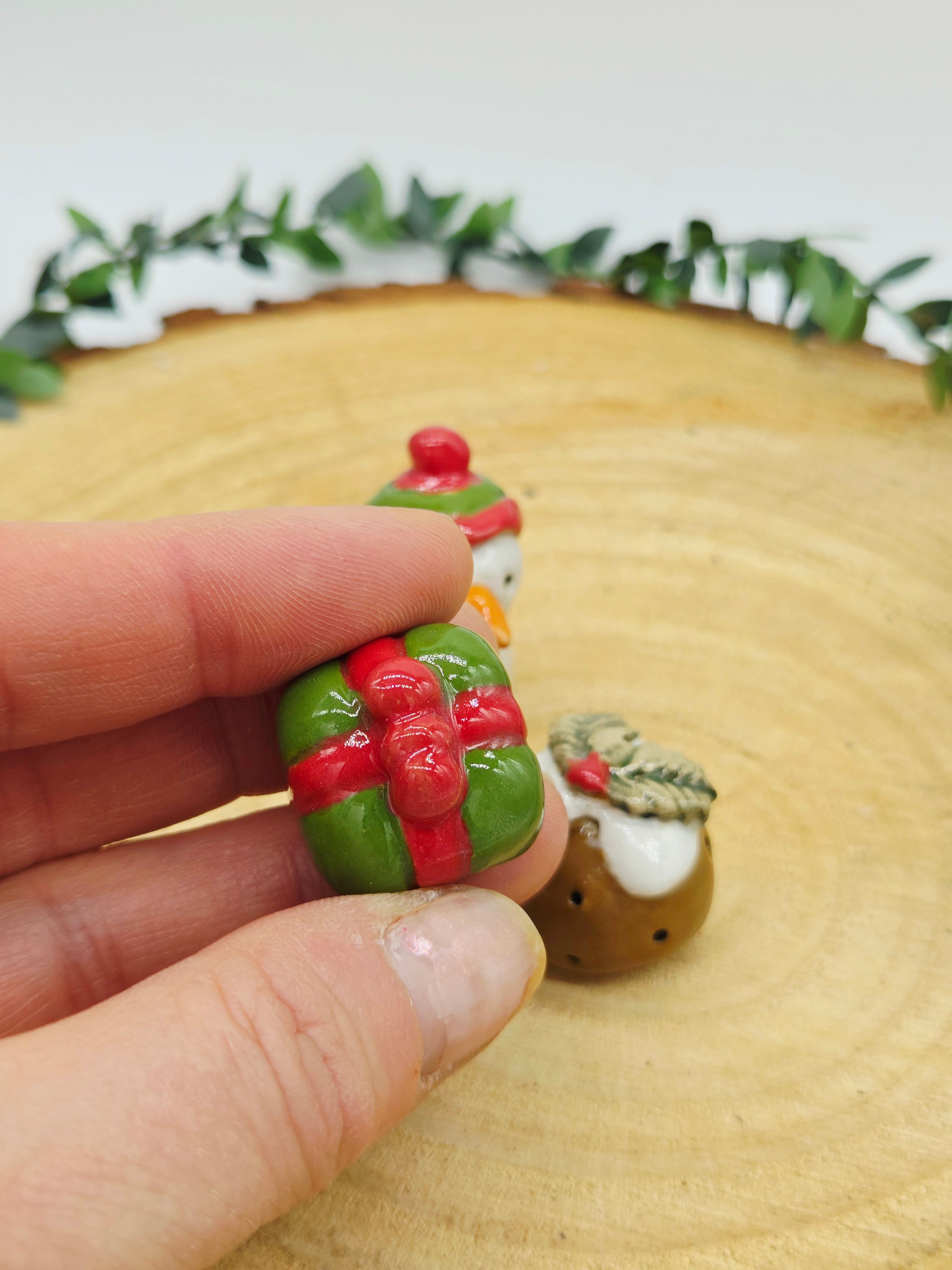3 x tiny Christmas Ceramics - Snowman, Pudding, Present