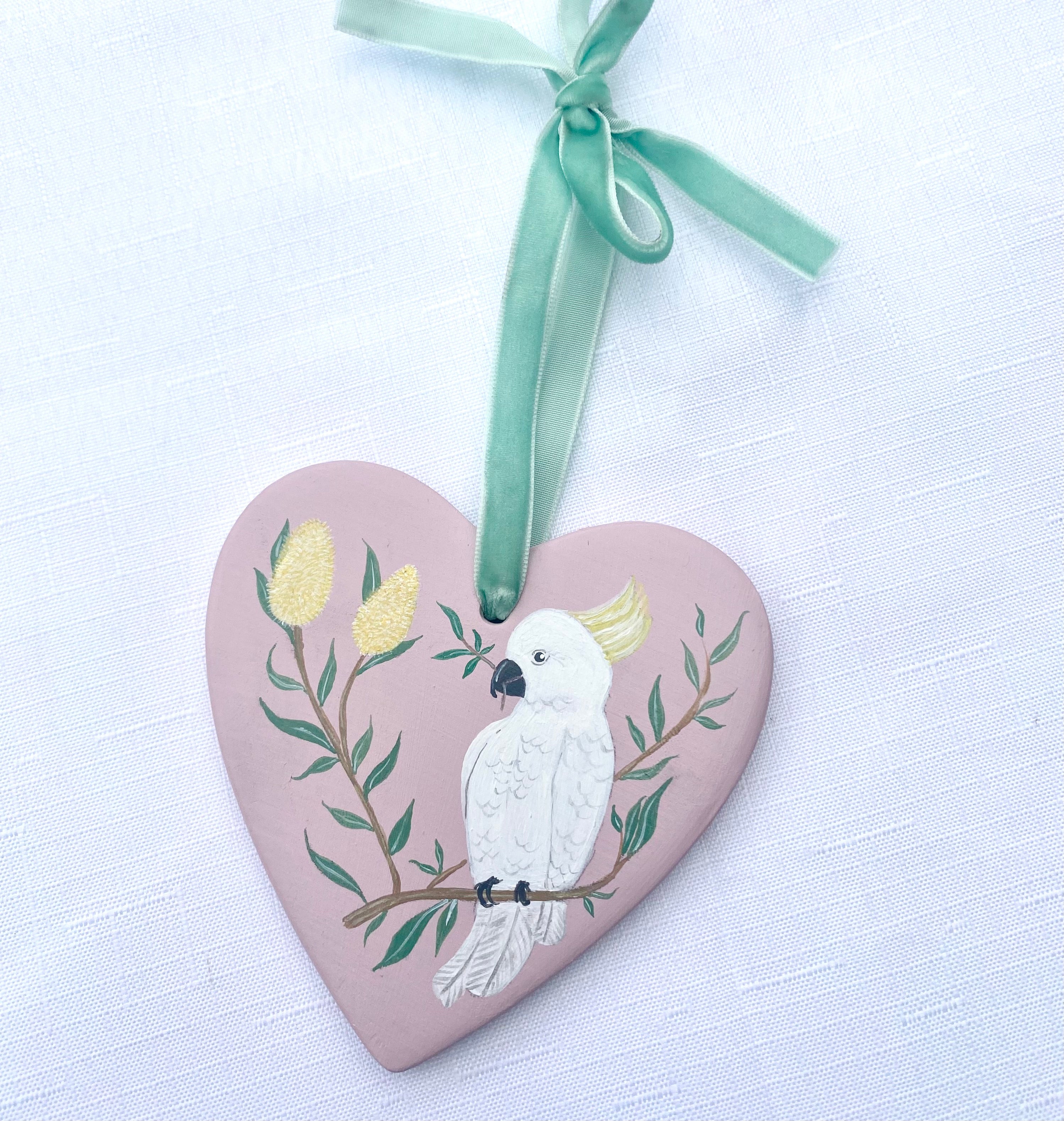 Hand-Painted Ceramic Heart Decoration - Cockatoo Pink