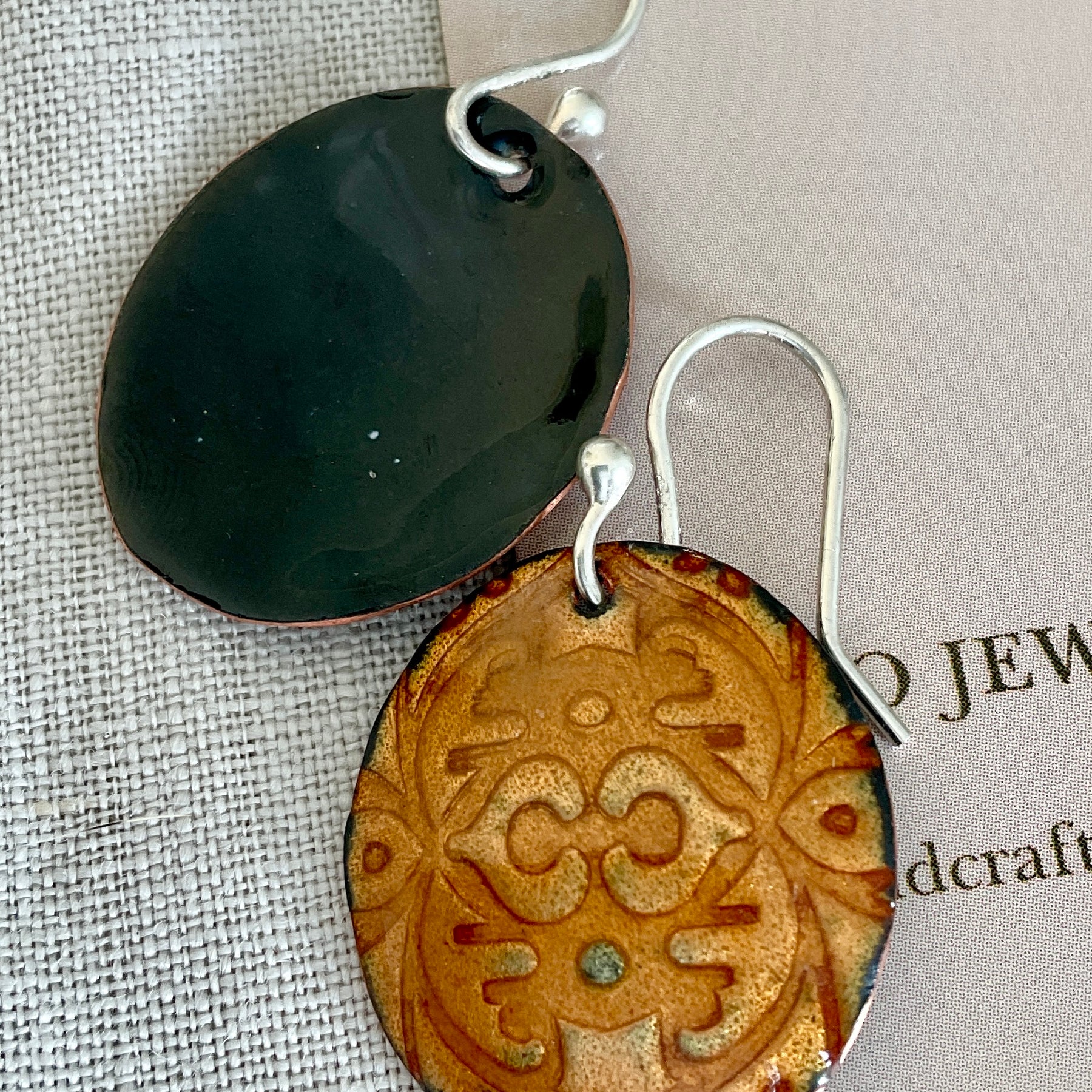 Gold embossed enamel earrings. Handmade