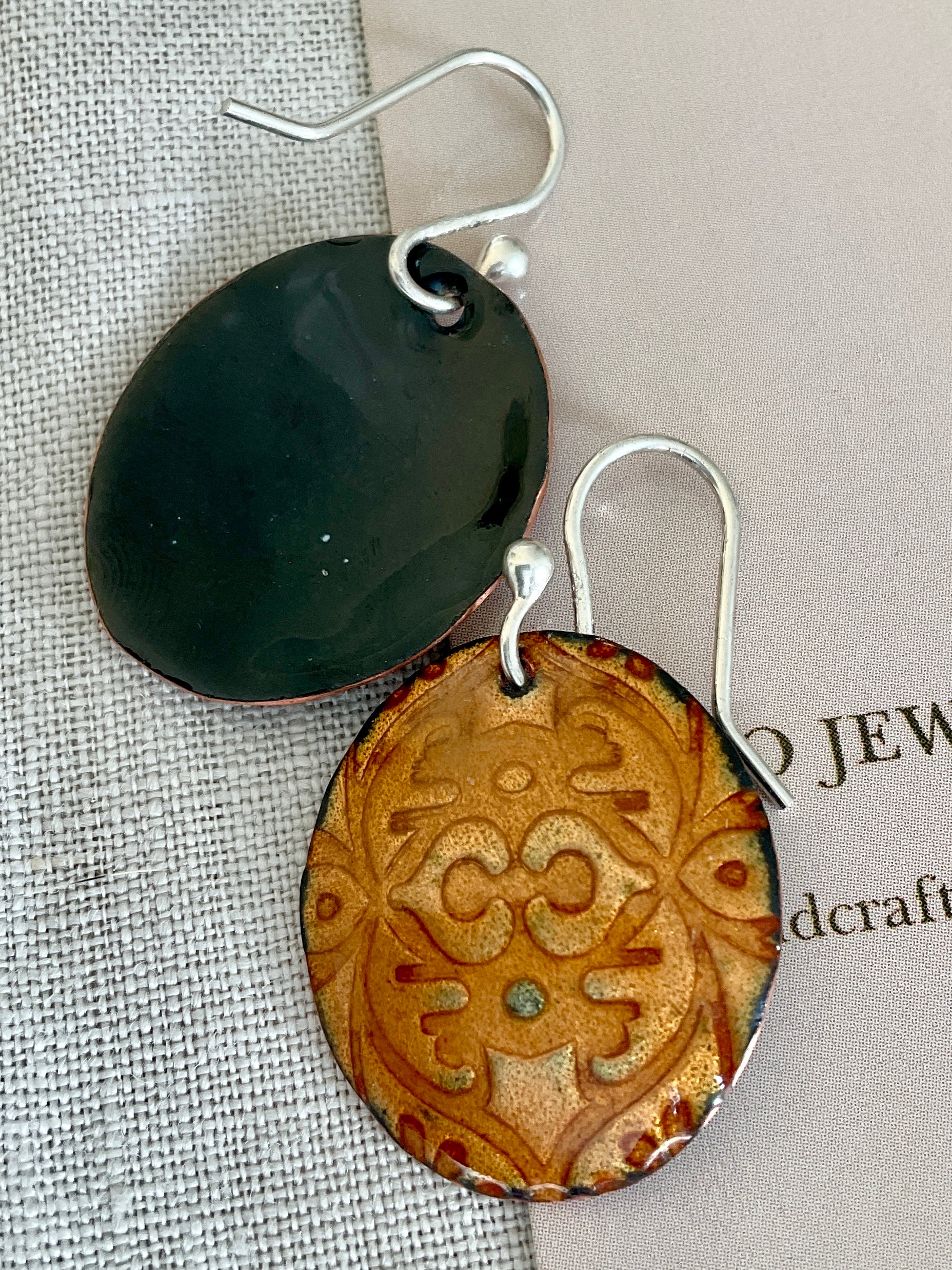 Gold embossed enamel earrings. Handmade