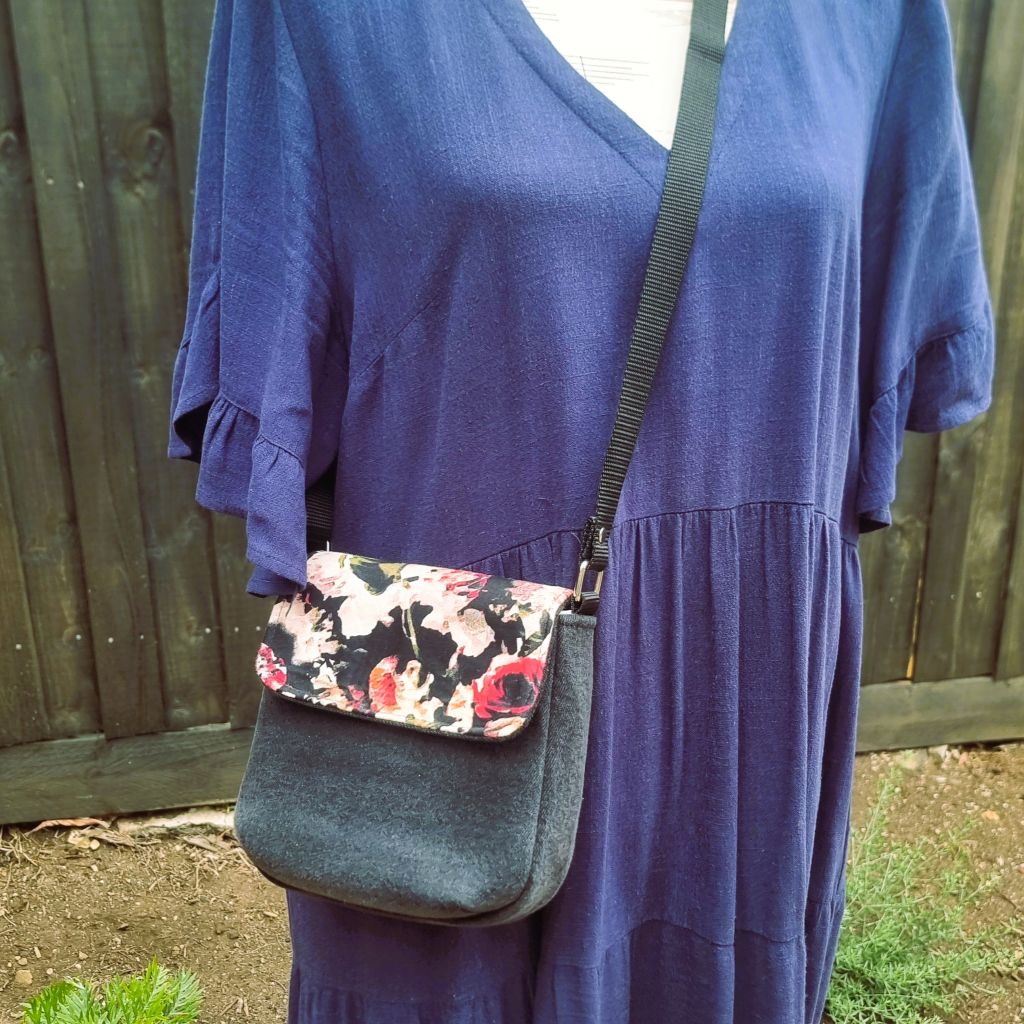 Upcycled mini crossbody messenger bag - black & abstract floral