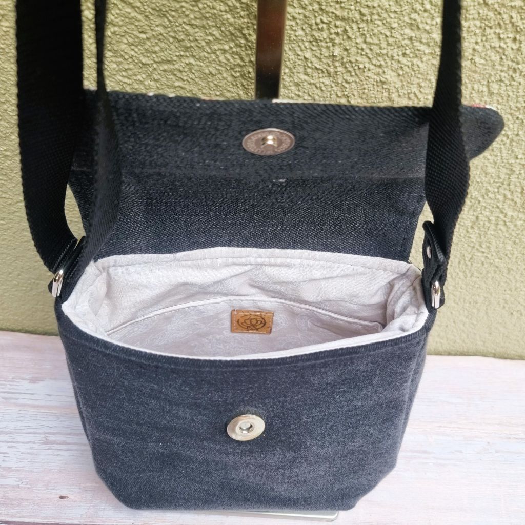 Upcycled mini crossbody messenger bag - black & abstract floral