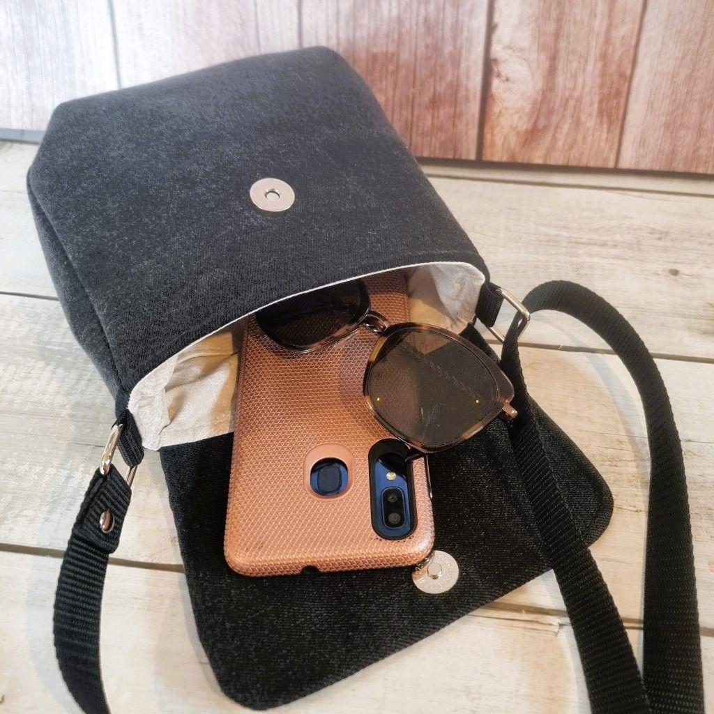 Upcycled mini crossbody messenger bag - black & abstract floral