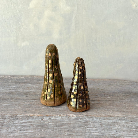 Two small ceramic Christmas Trees in green with Gold