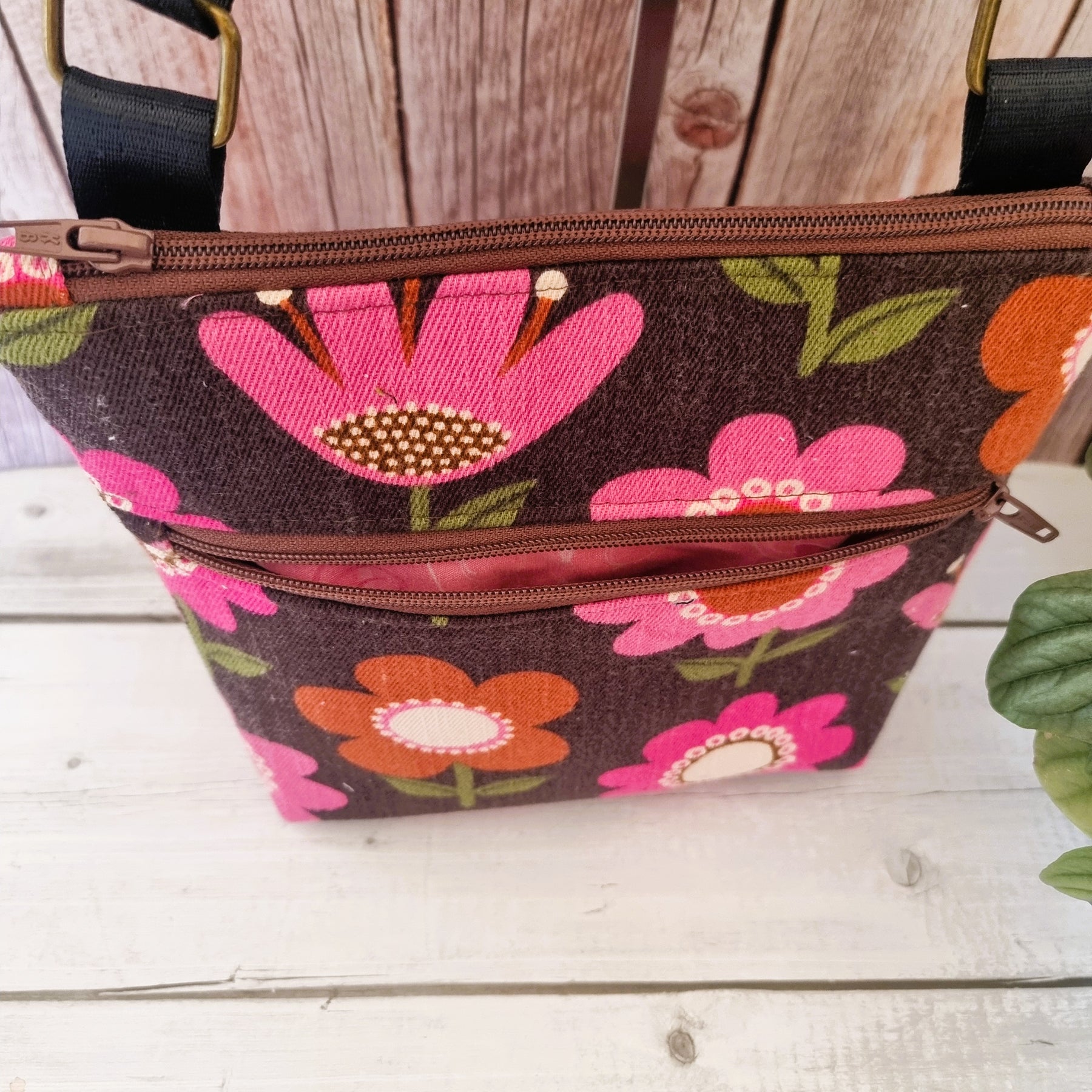 Upcycled zipped crossbody bag - funky pink flowers on brown