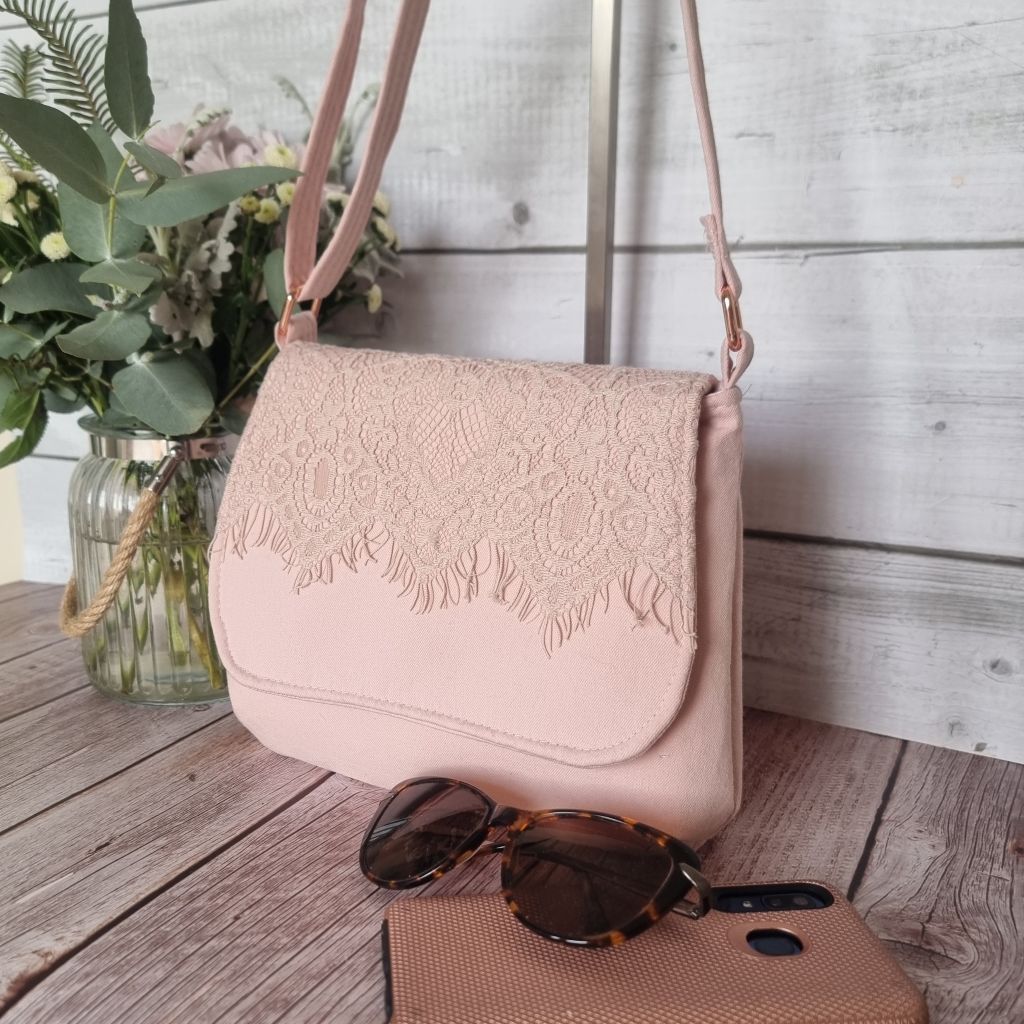 Upcycled small messenger bag - pale blush pink & lace