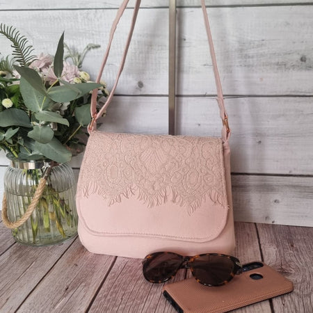Upcycled small messenger bag - pale blush pink & lace