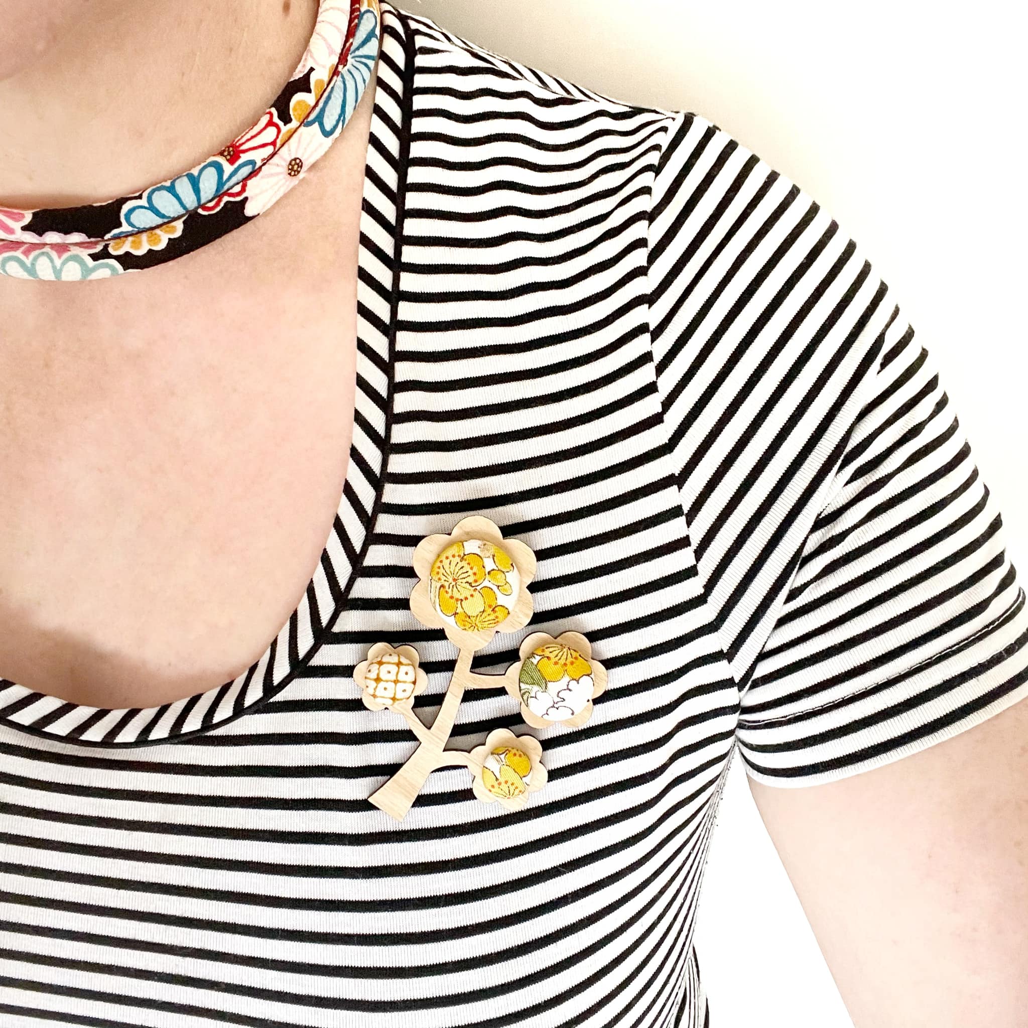 Kimono Tree Brooch - Raspberry and Navy