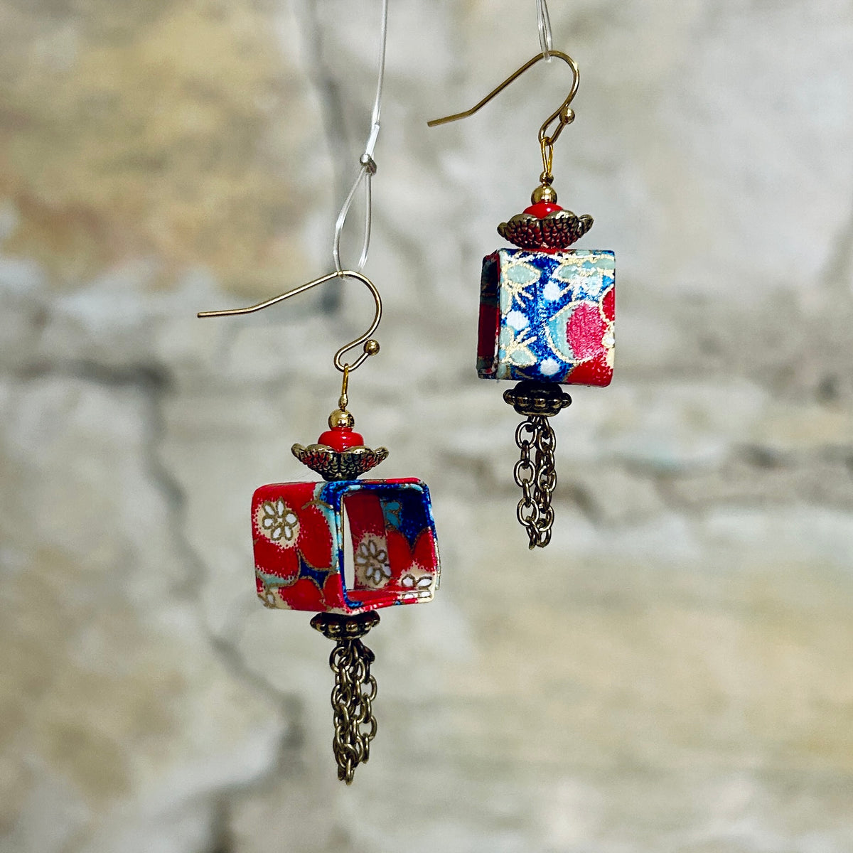 Earrings Red Blue Gold Floral Japanese Washi: EB-90