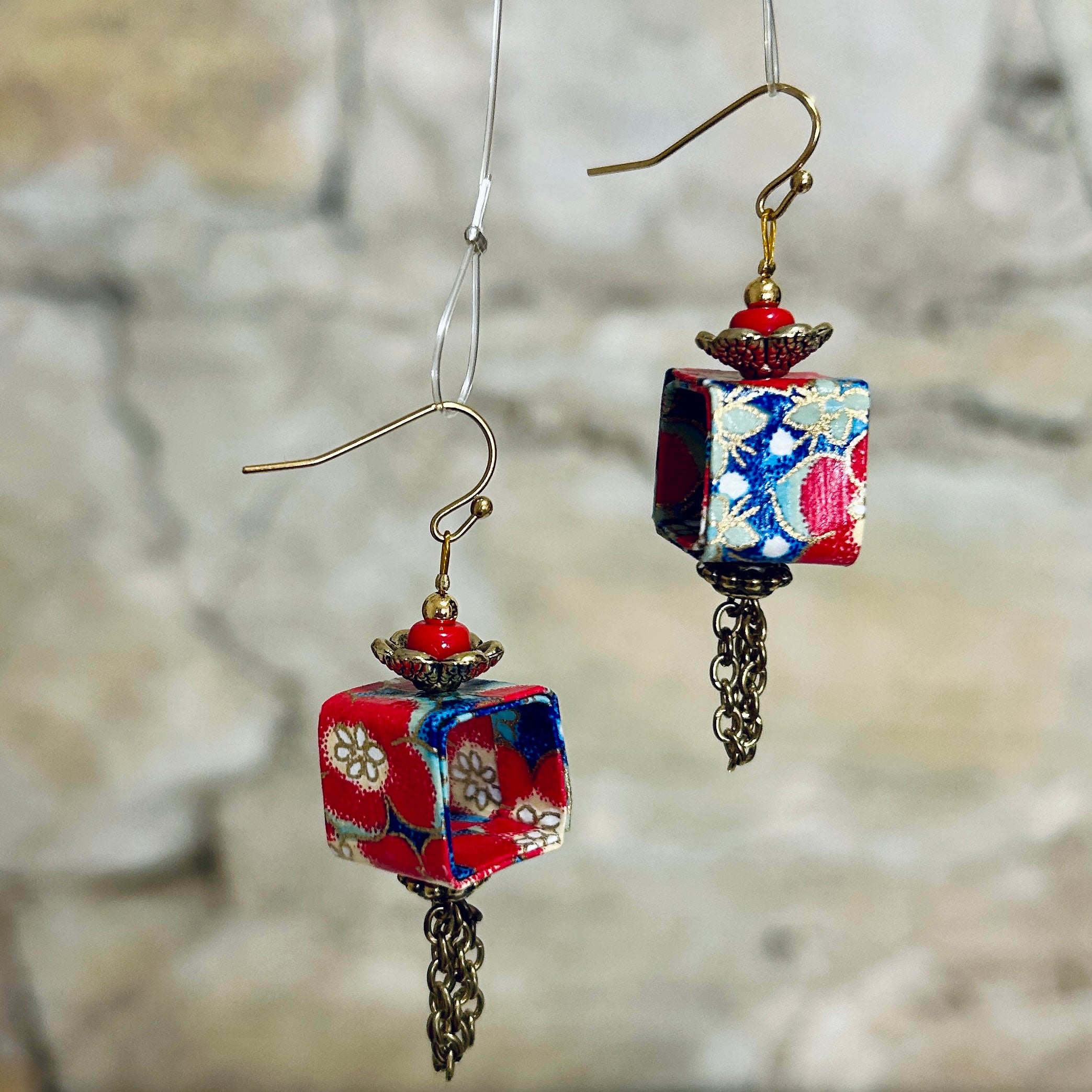 Earrings Red Blue Gold Floral Japanese Washi: EB-90