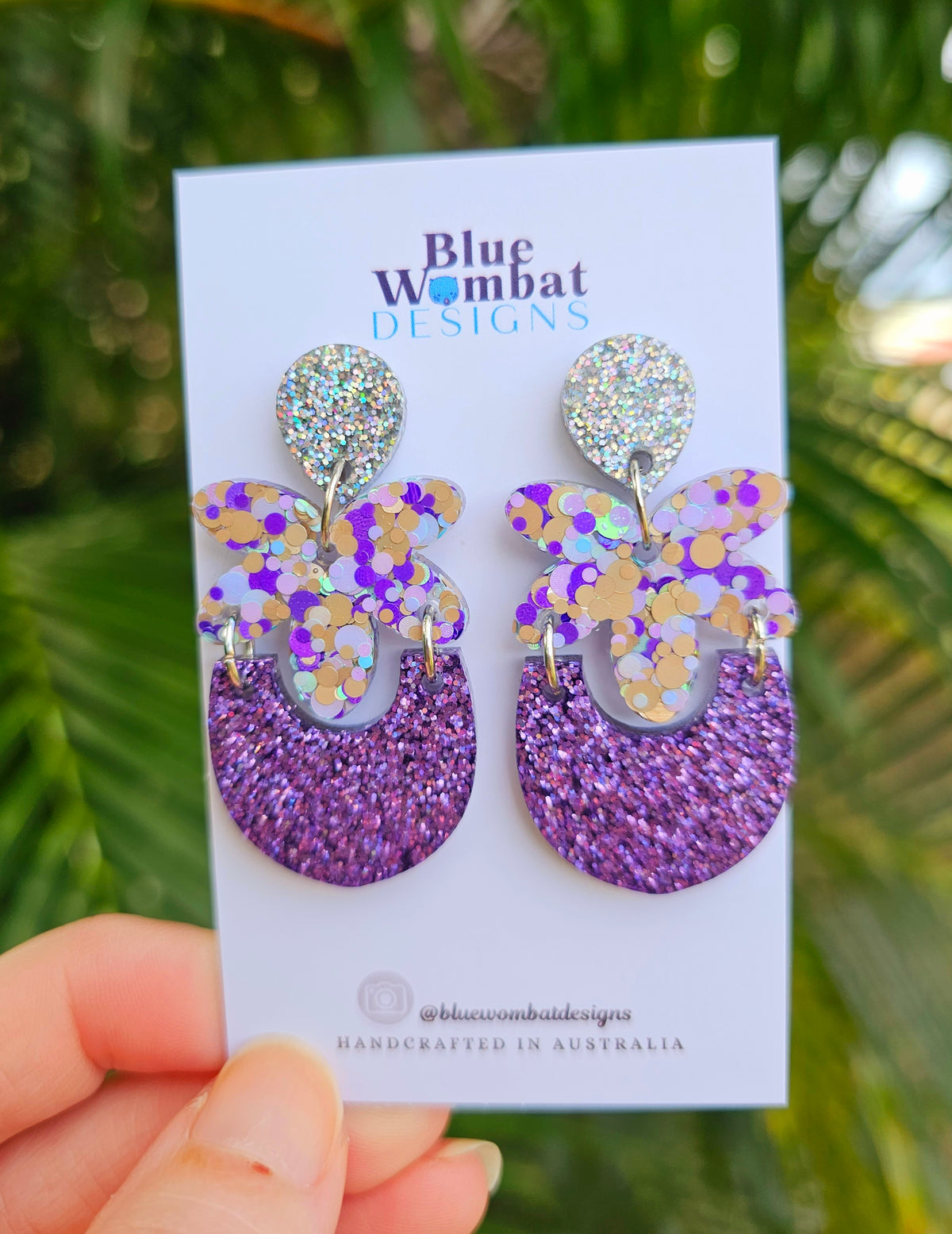 Handmade Purple Glitter Resin Statement Dangle Earrings