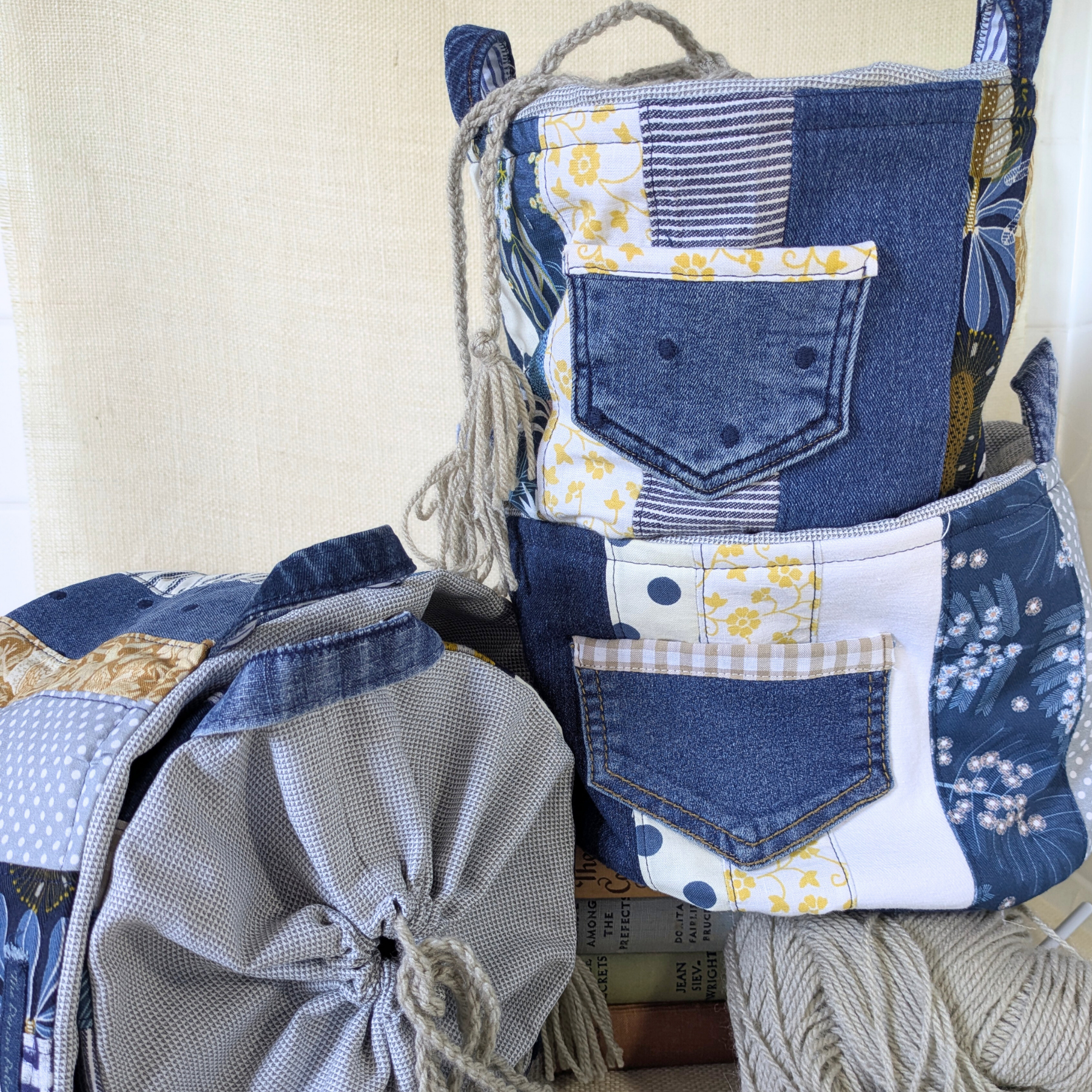 Project Bag Upcycled Denim, Craft Storage, Navy & Yellow Small