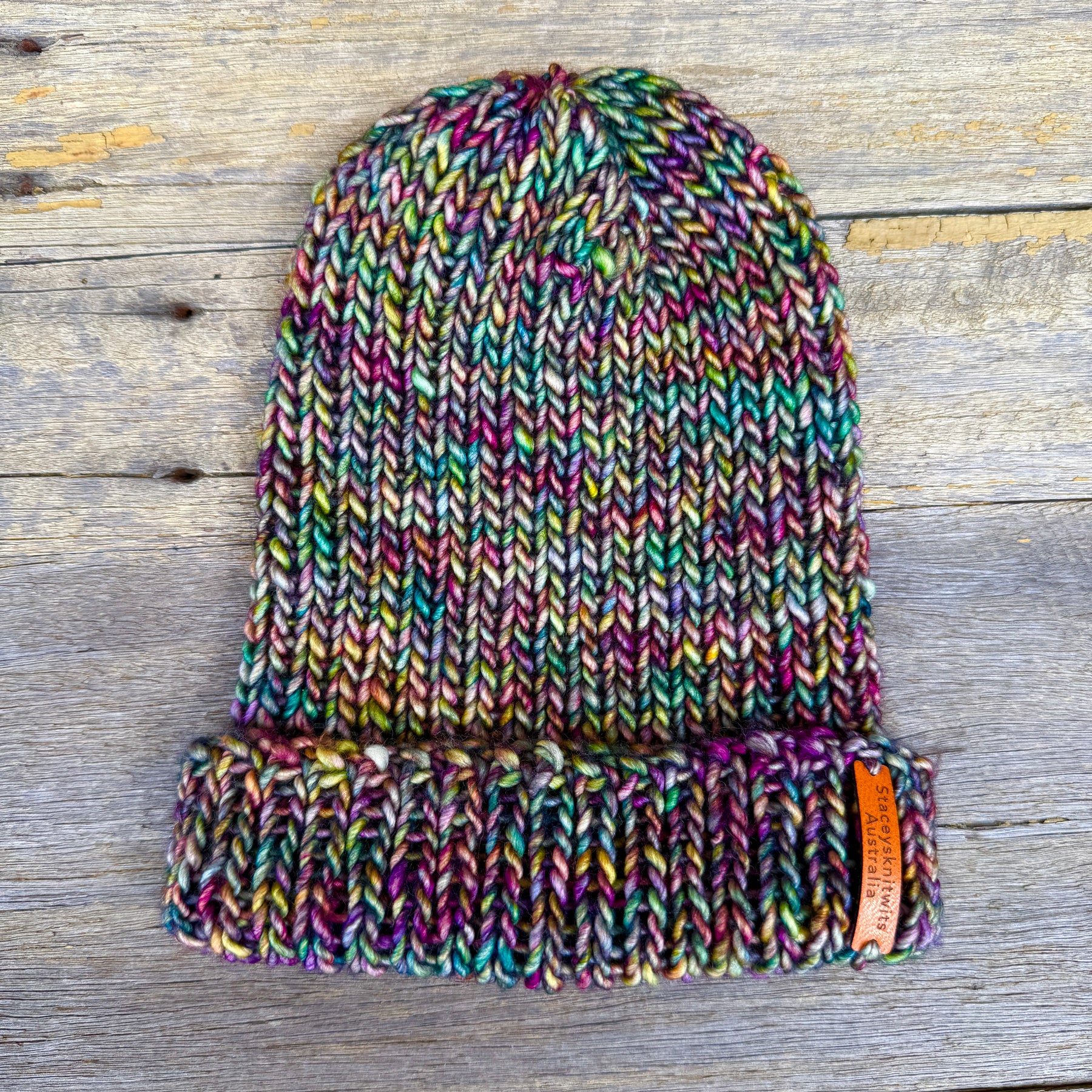 Unisex merino beanie, Green Purple flecked hand knitted beanie