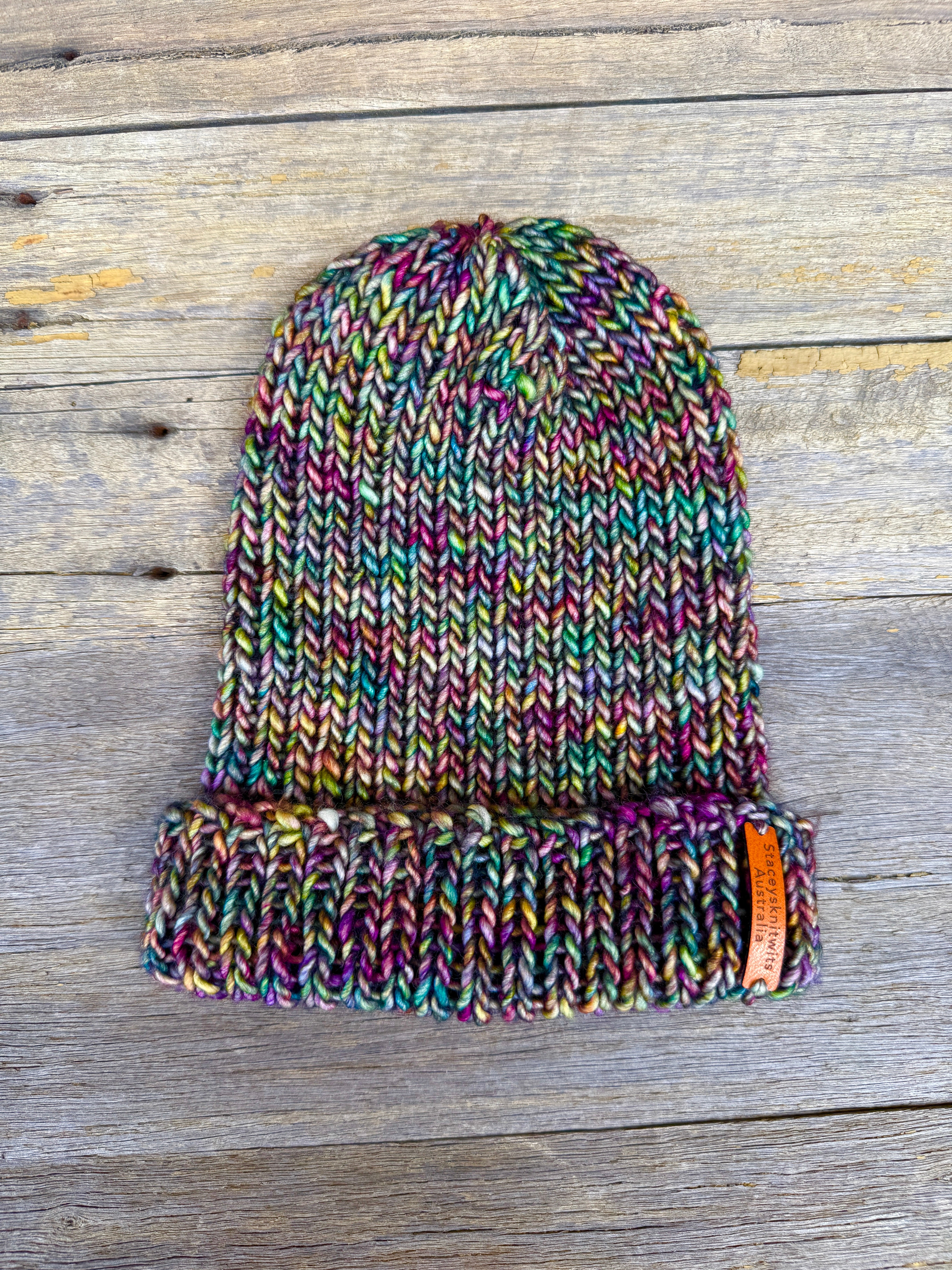 Unisex merino beanie, Green Purple flecked hand knitted beanie