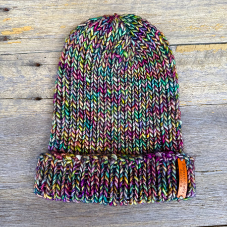 Unisex merino beanie, Green Purple flecked hand knitted beanie