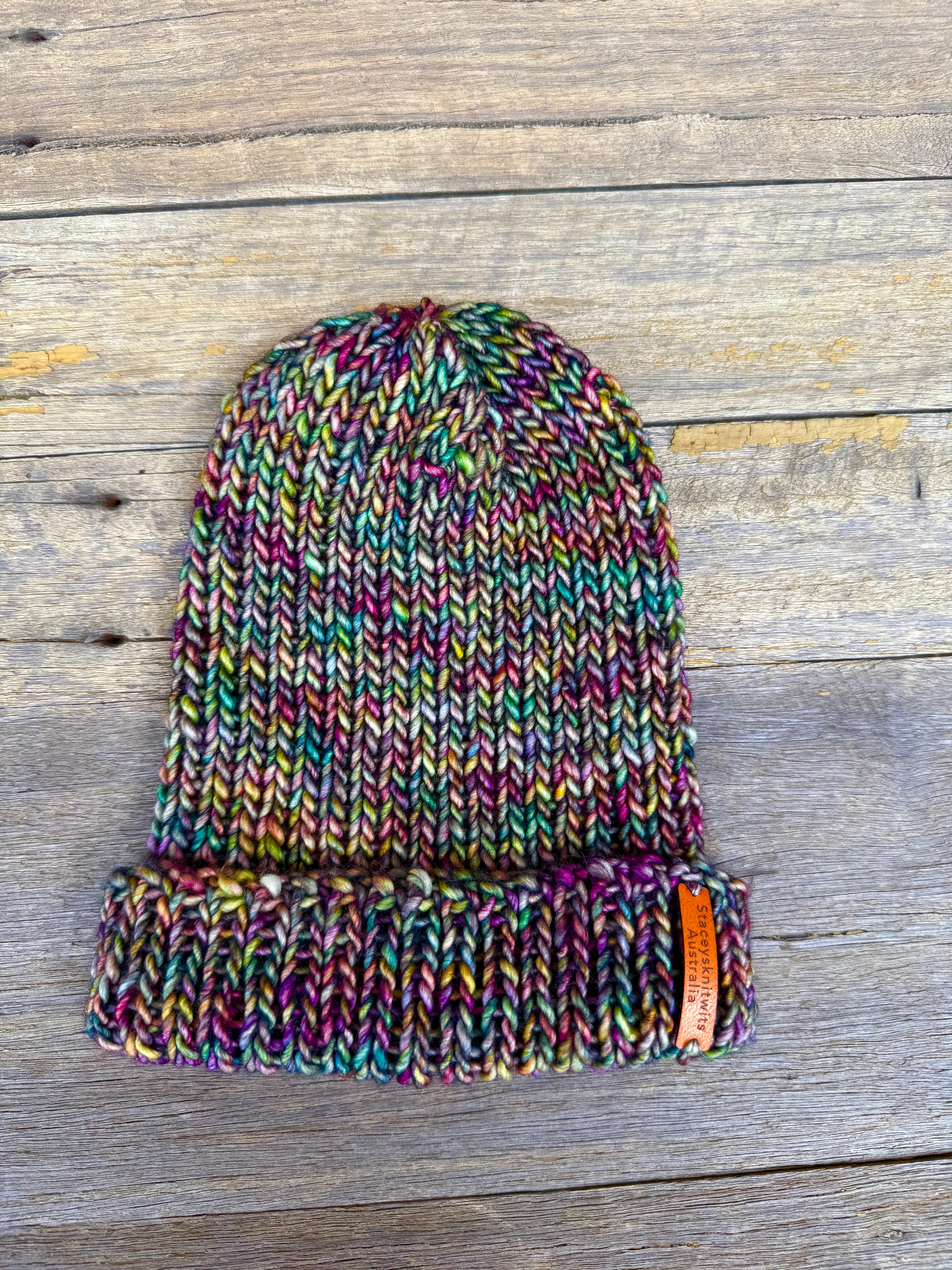 Unisex merino beanie, Green Purple flecked hand knitted beanie