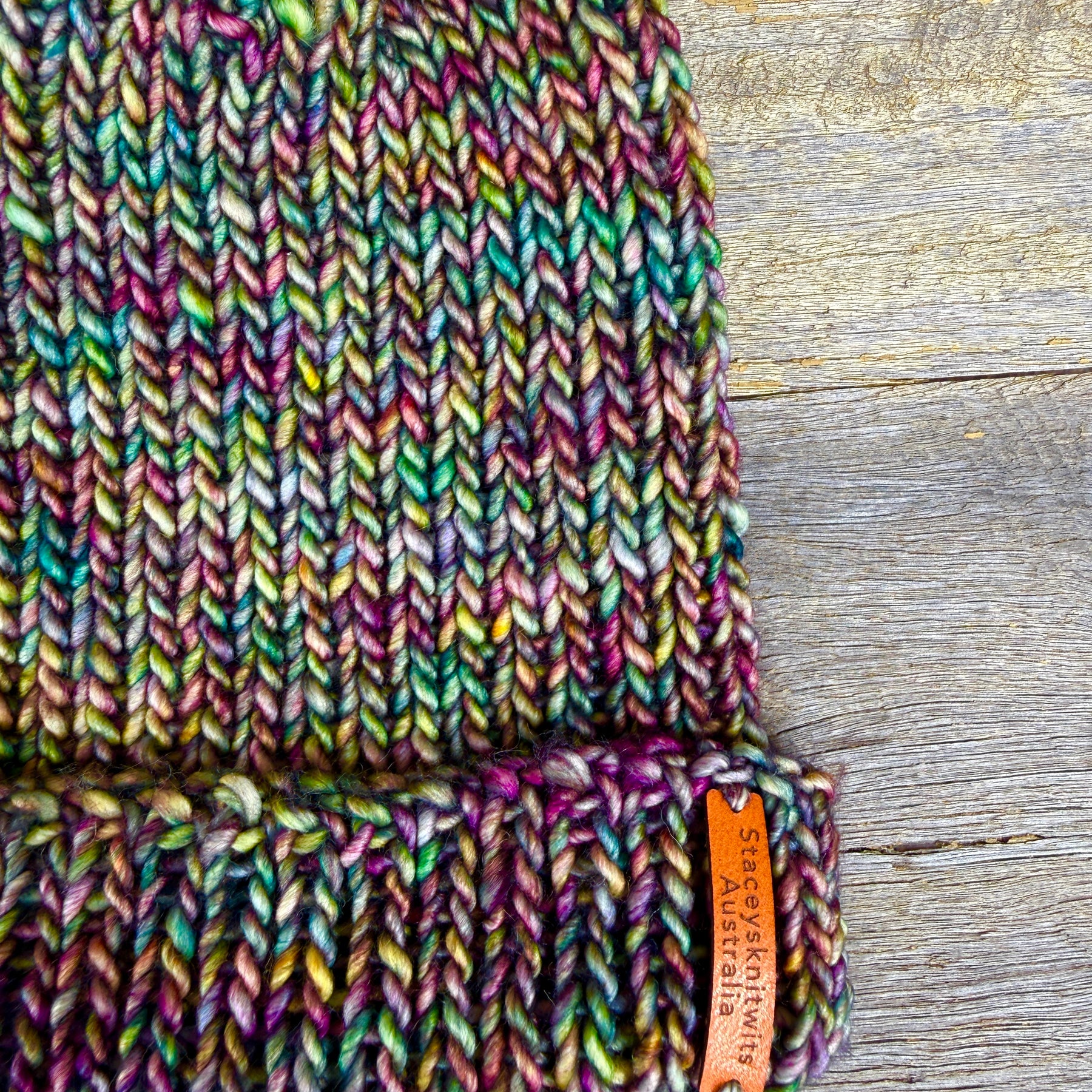 Unisex merino beanie, Green Purple flecked hand knitted beanie