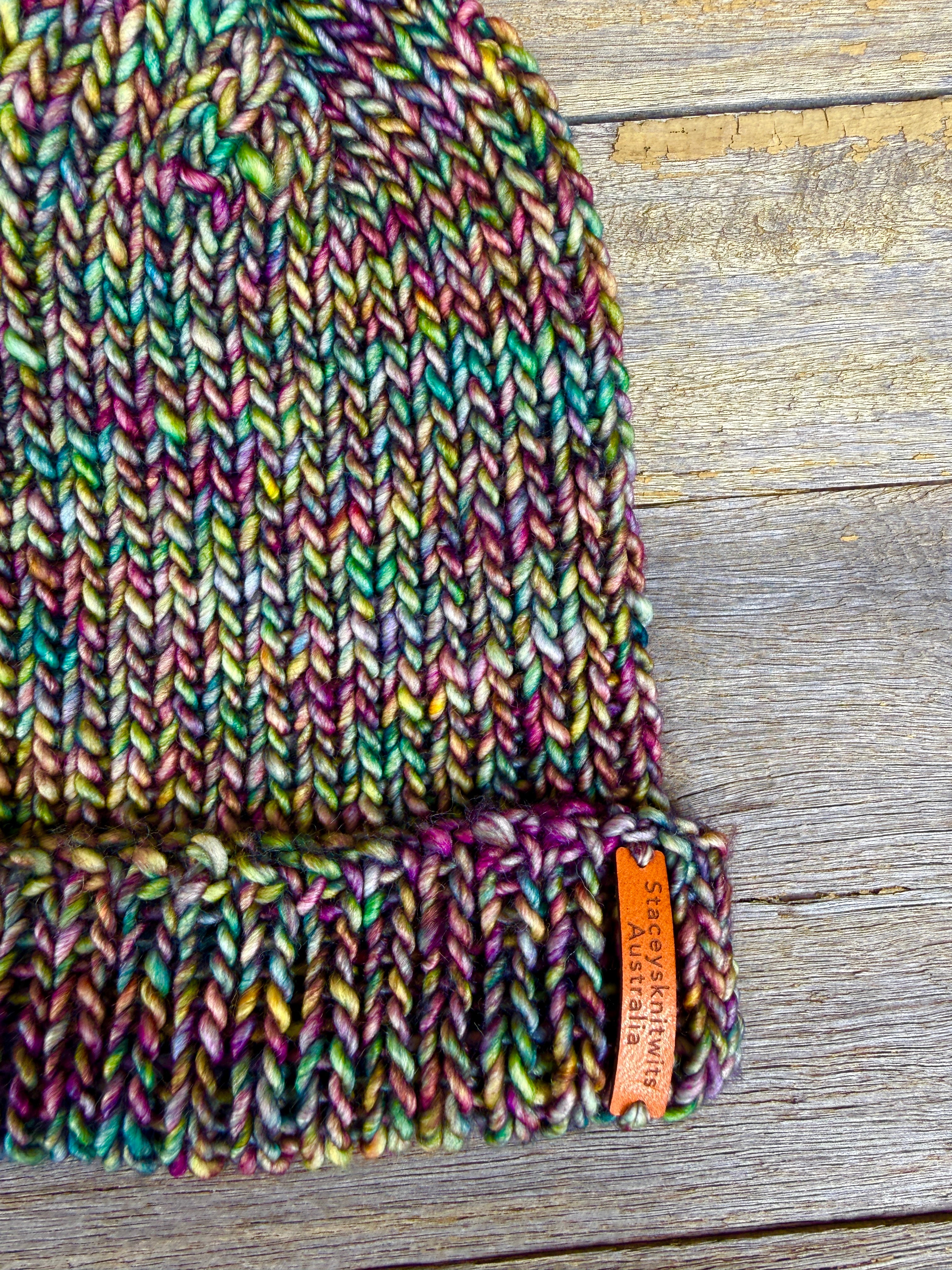 Unisex merino beanie, Green Purple flecked hand knitted beanie