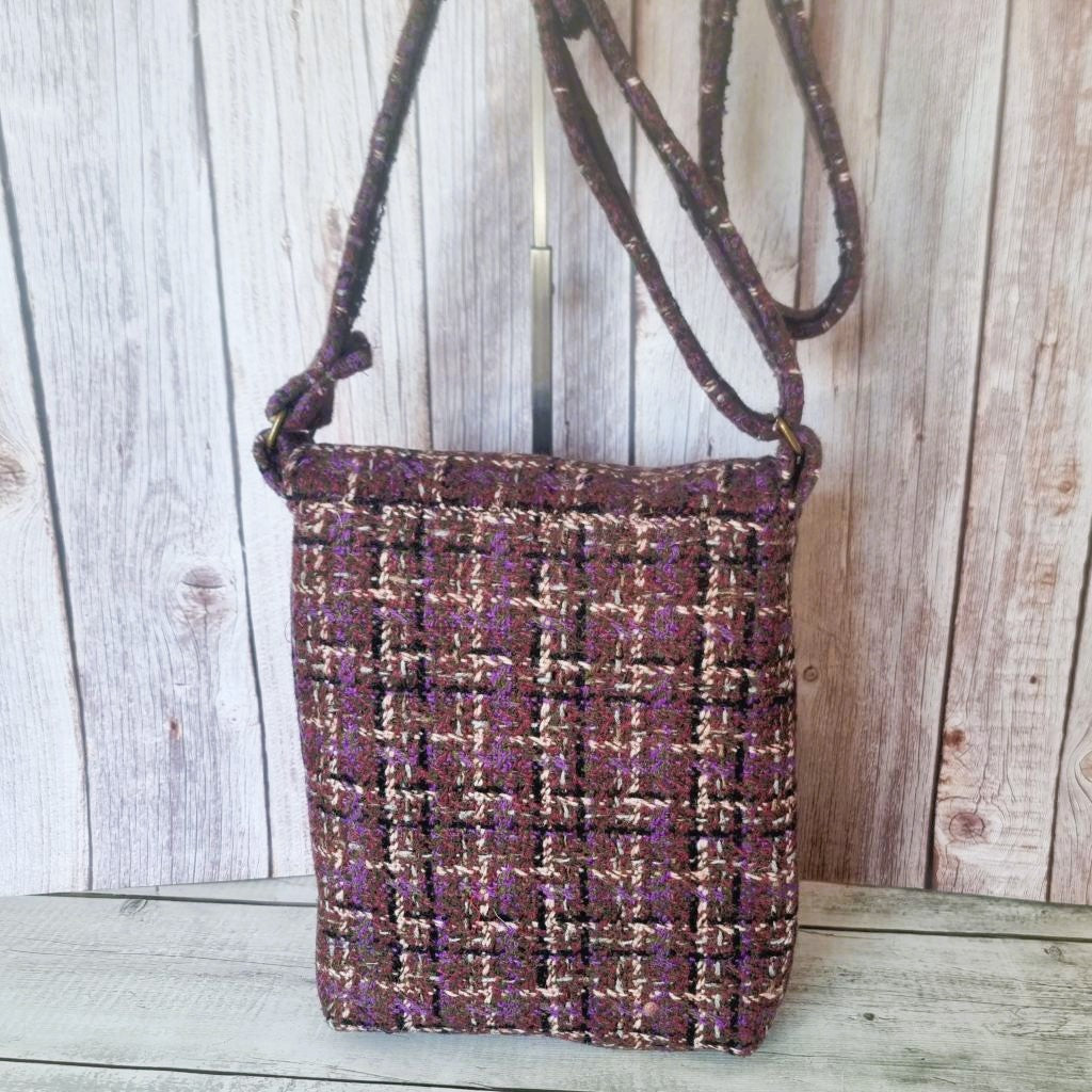 Upcycled crossbody messenger bag - brown & purple