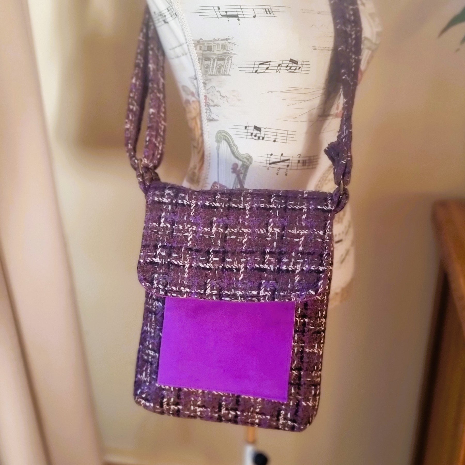 Upcycled crossbody messenger bag - brown & purple