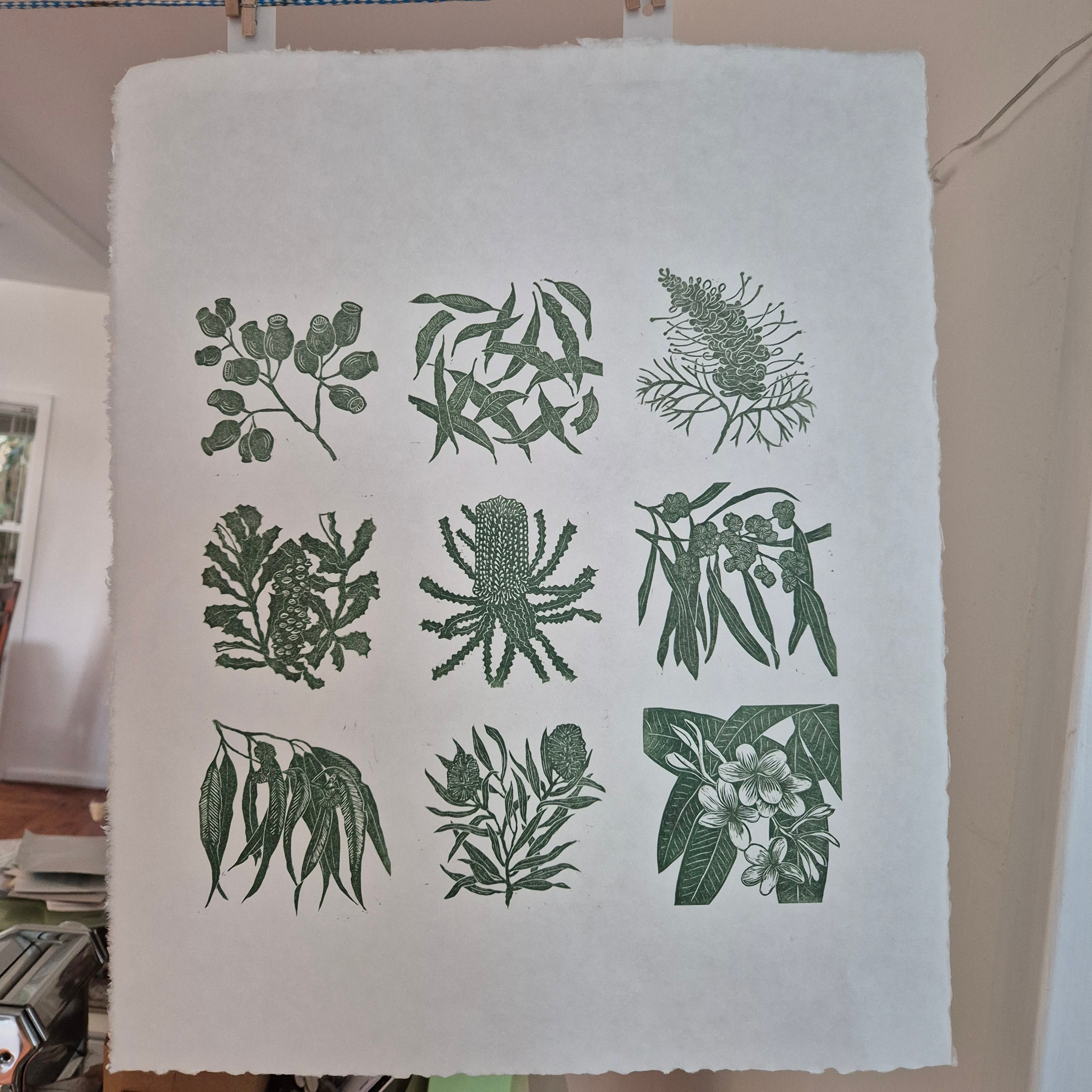 Linocut original artwork native plants green