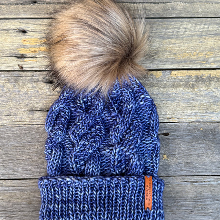 Hand knitted blue merino beanie, unisex cable PomPom beanie
