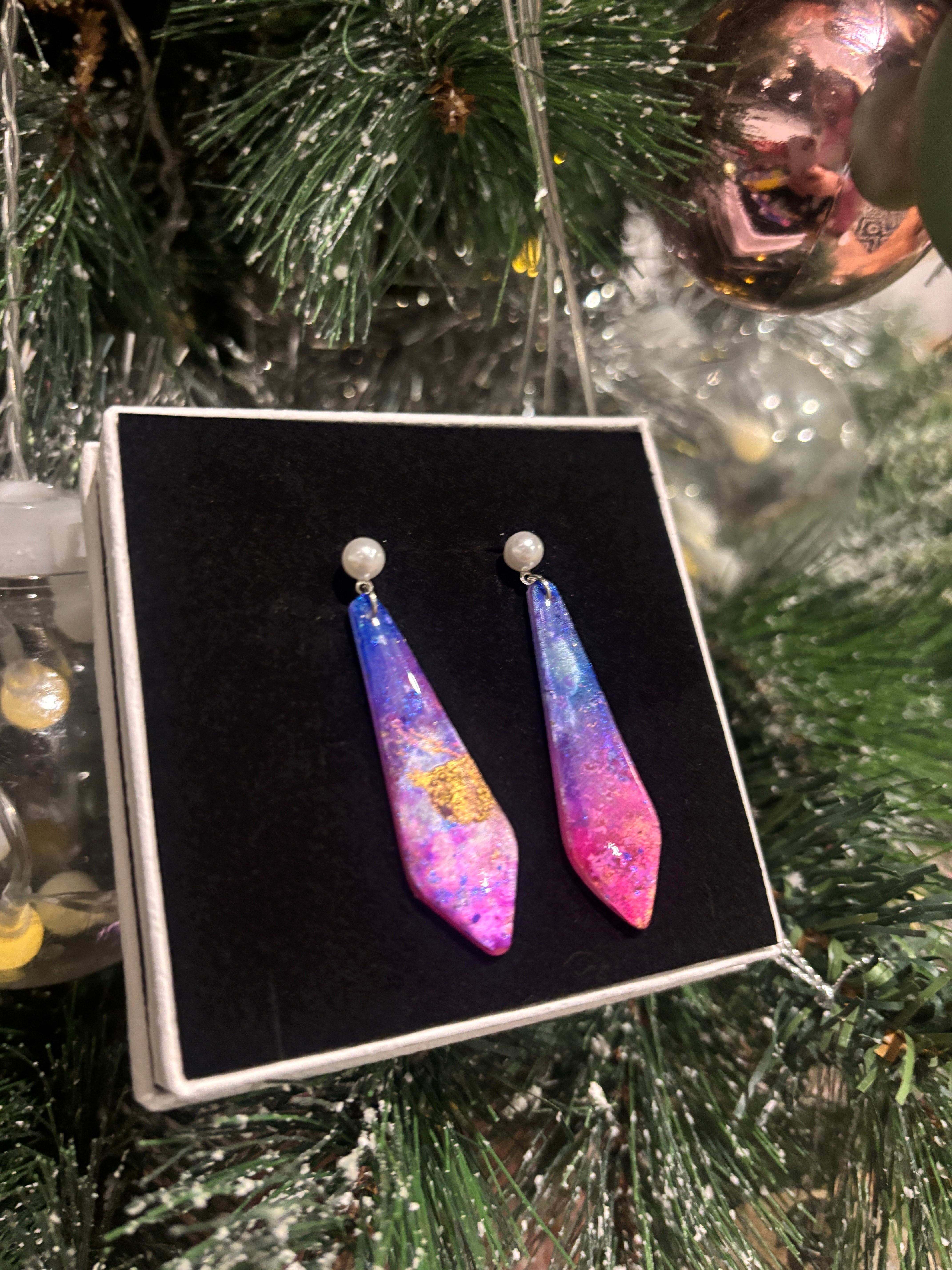 Pastel Galaxy Pearl Stud Dangles — Handcrafted Polymer Clay Art