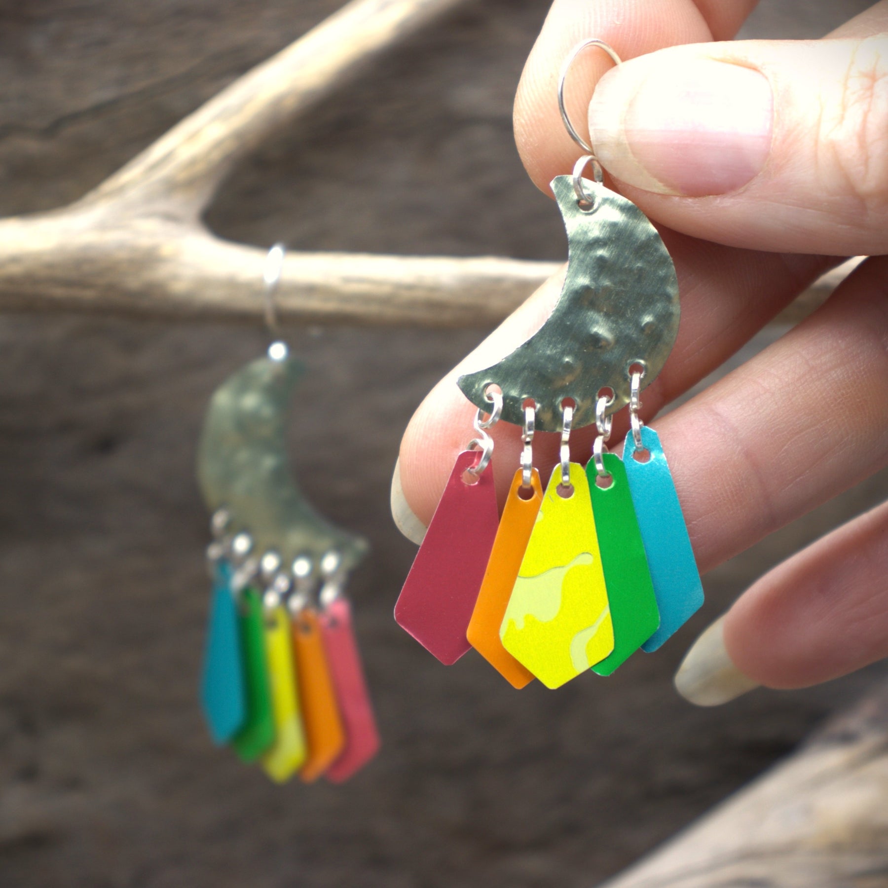Rainbow Moon Earrings - upcycled materials