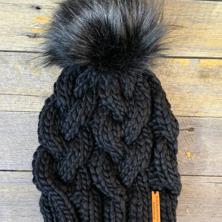 Hand knitted black merino beanie, chunky winter PomPom beanie