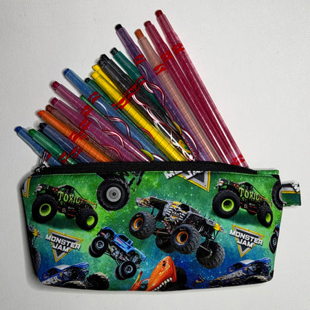 Pencil Case in colourful monster truck fabric