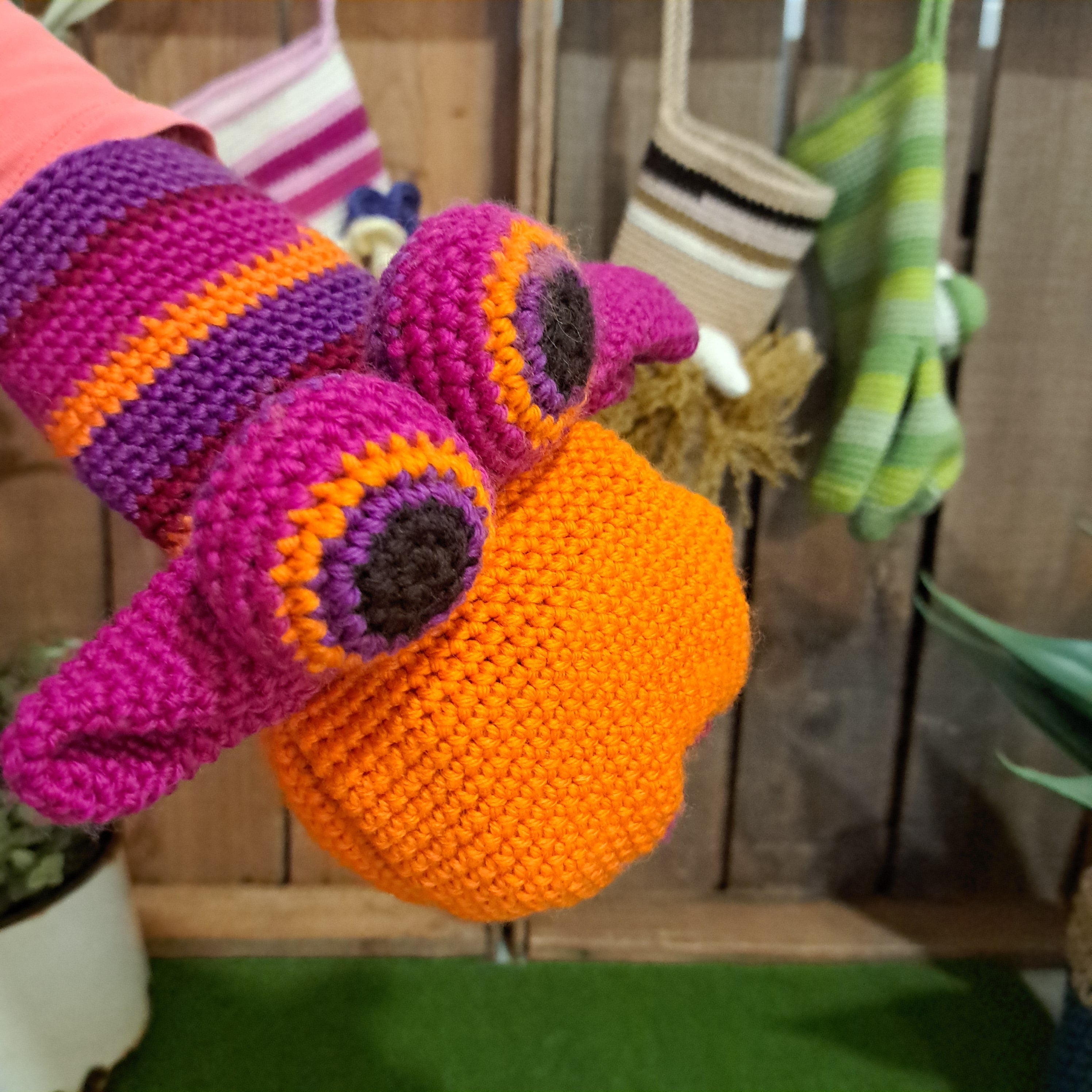 Handmade Crochet hand puppet orange and purple Australian wool