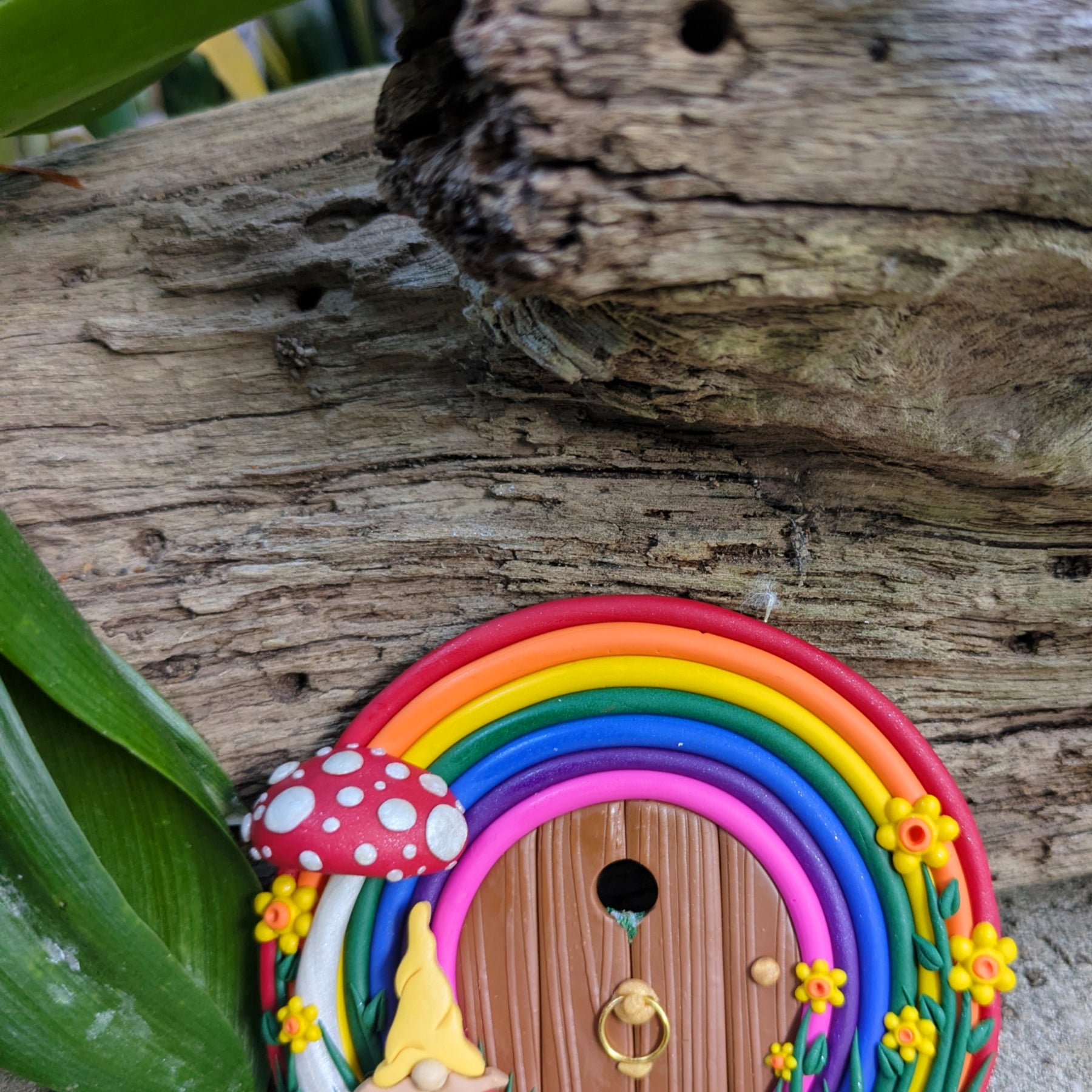 Small Hand-Sculpted Rainbow Fairy Door with Gnome & Mushroom ✨🍄