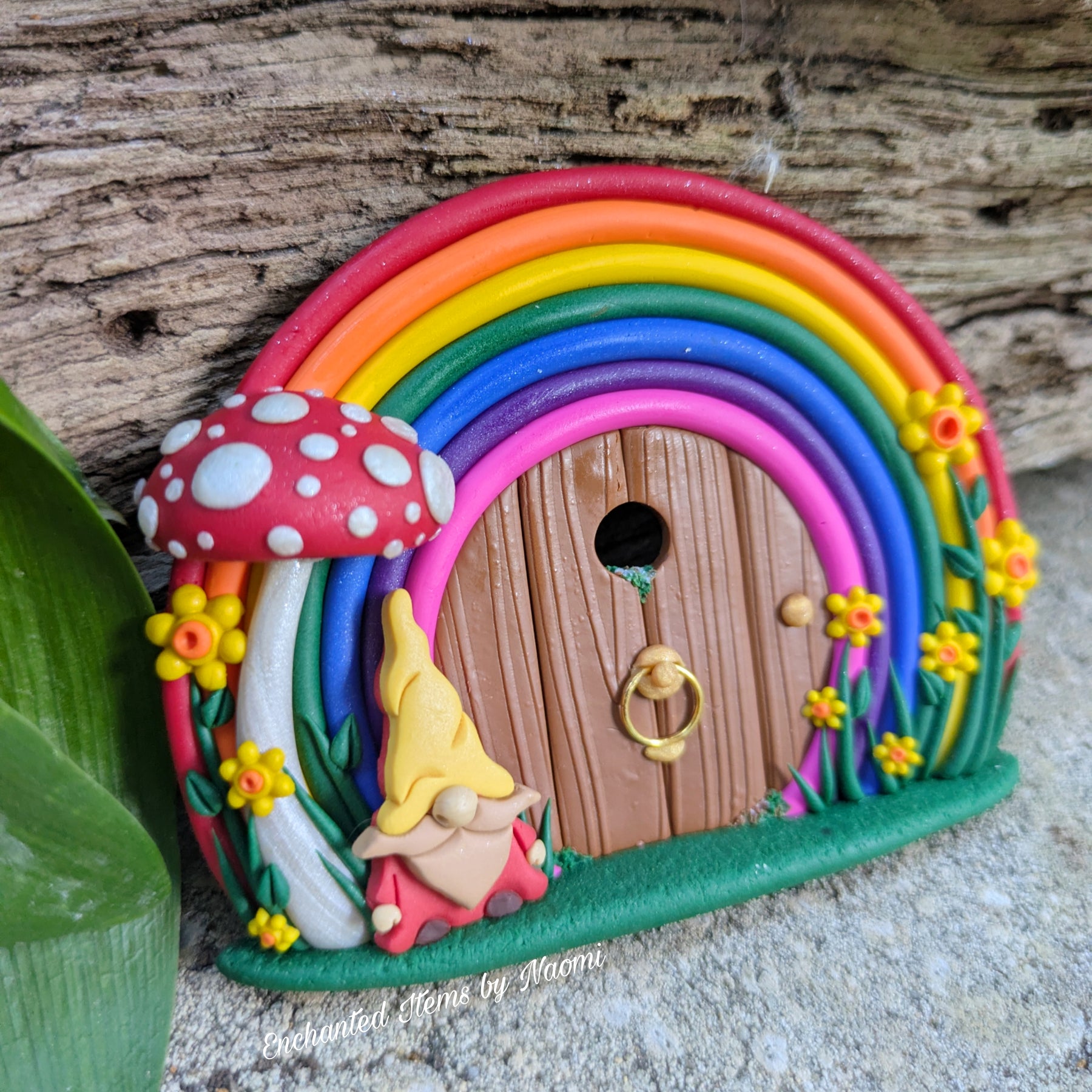 Small Hand-Sculpted Rainbow Fairy Door with Gnome & Mushroom ✨🍄