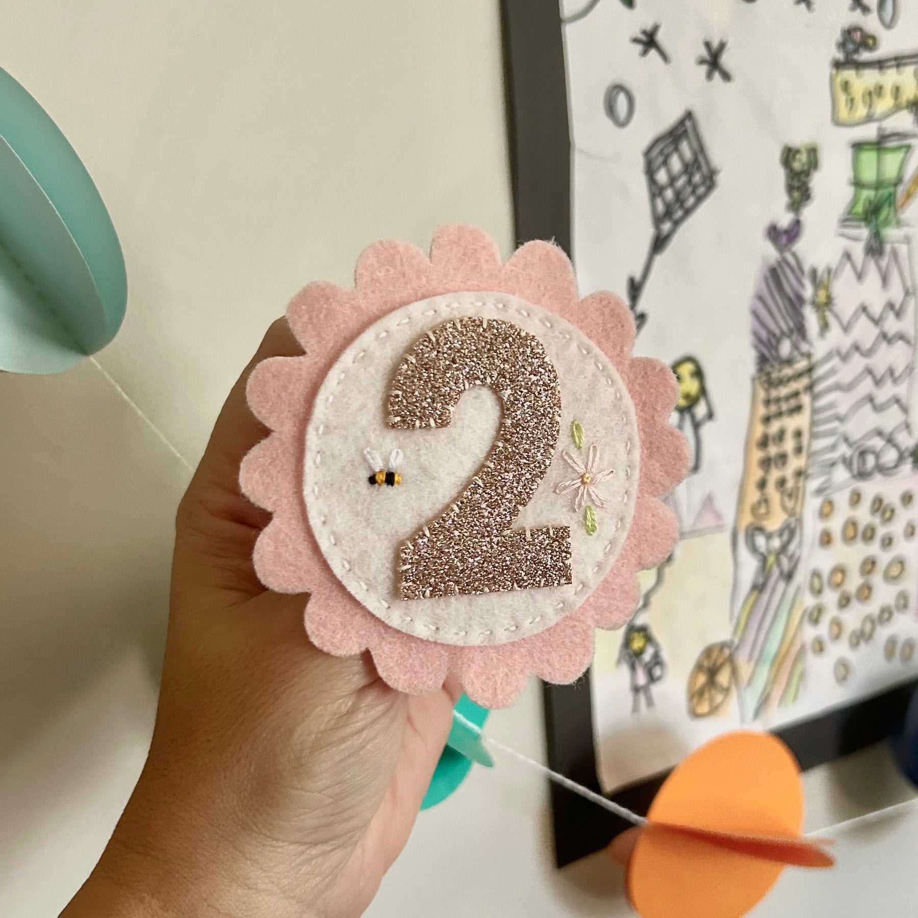 Birthday party badge, felt, embroidery, keepsake, heirloom