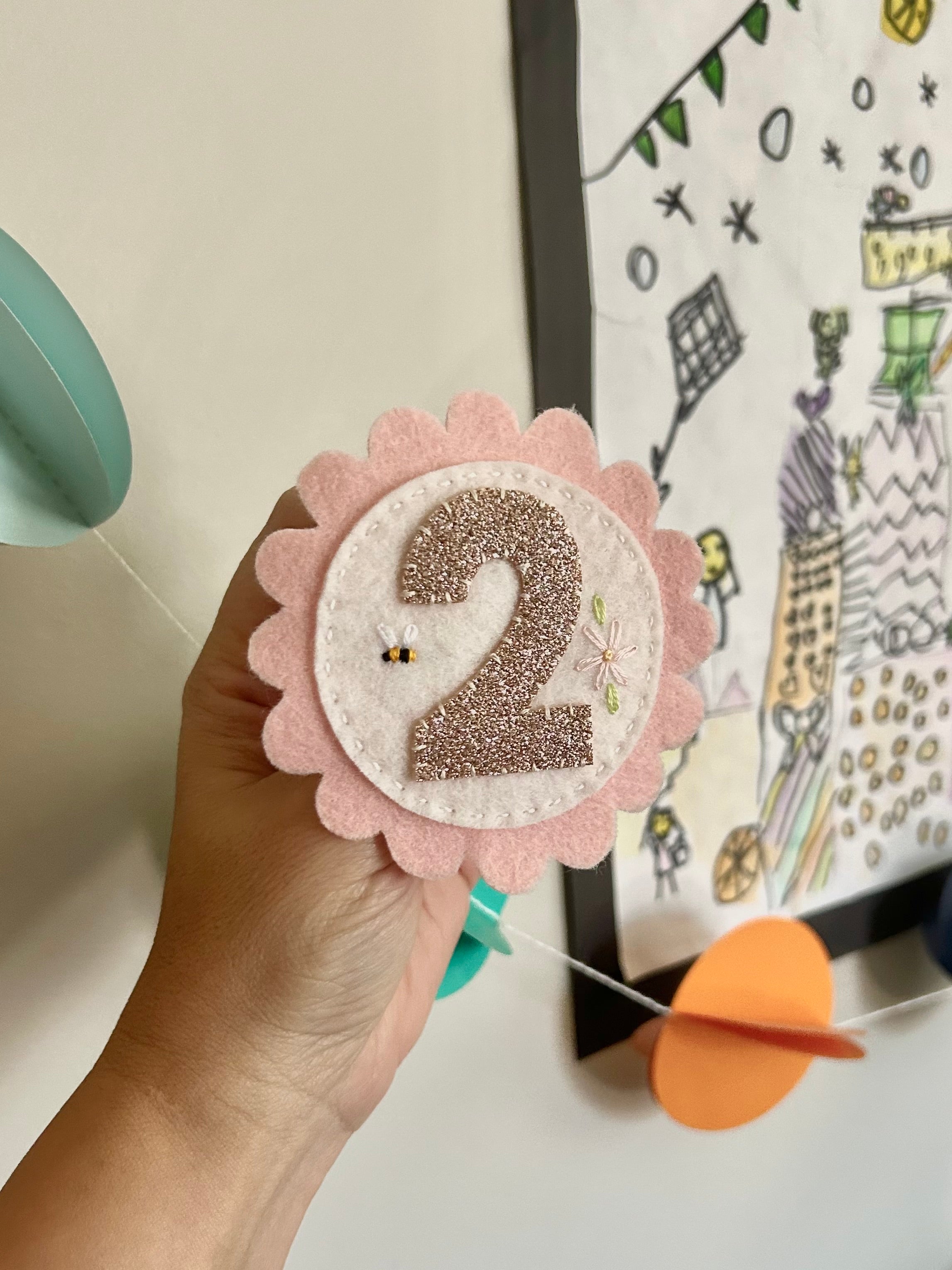 Birthday party badge, felt, embroidery, keepsake, heirloom