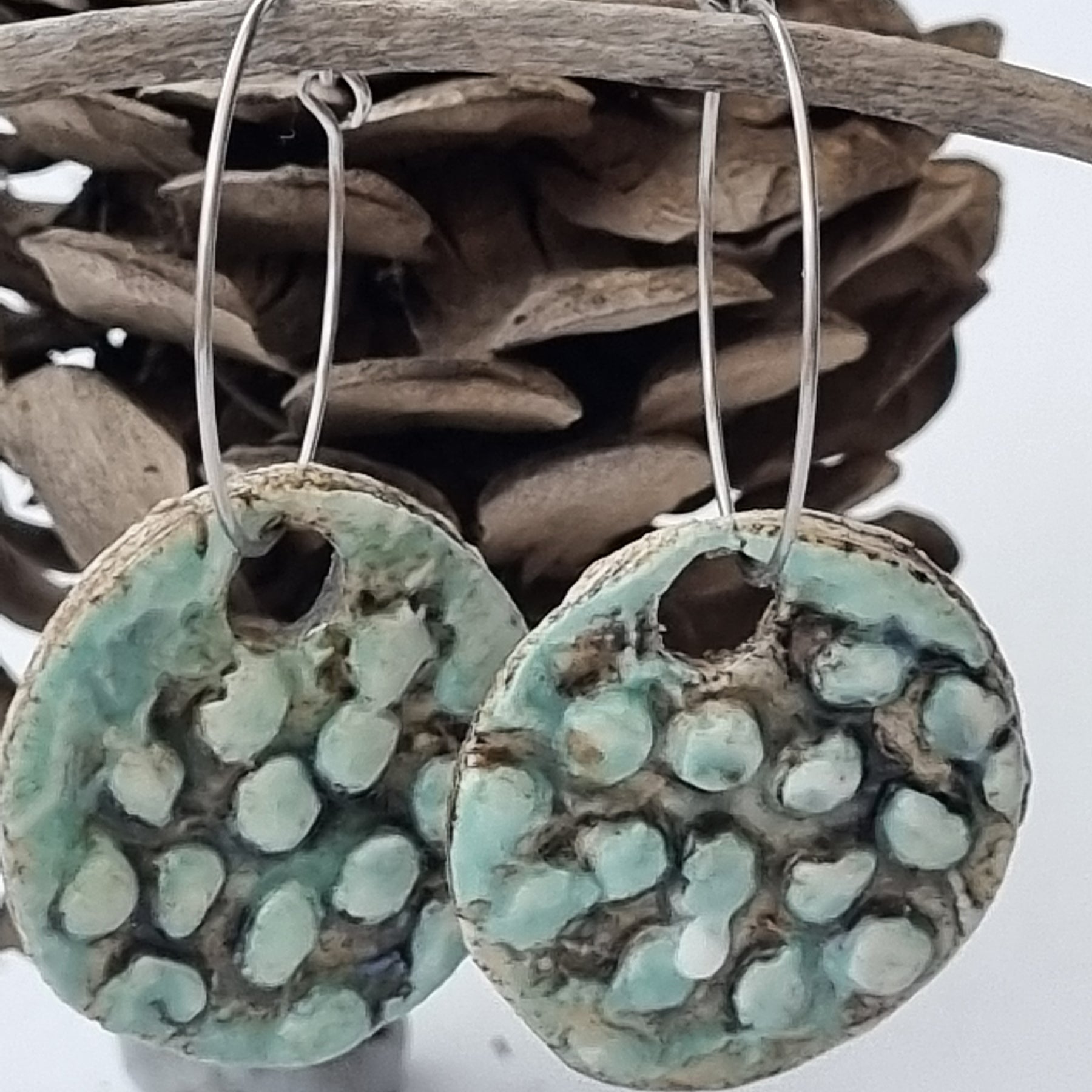 Handmade Stoneware Ceramic Earrings, blue-green black multi-coloured, 28mm diameter, pierced ears