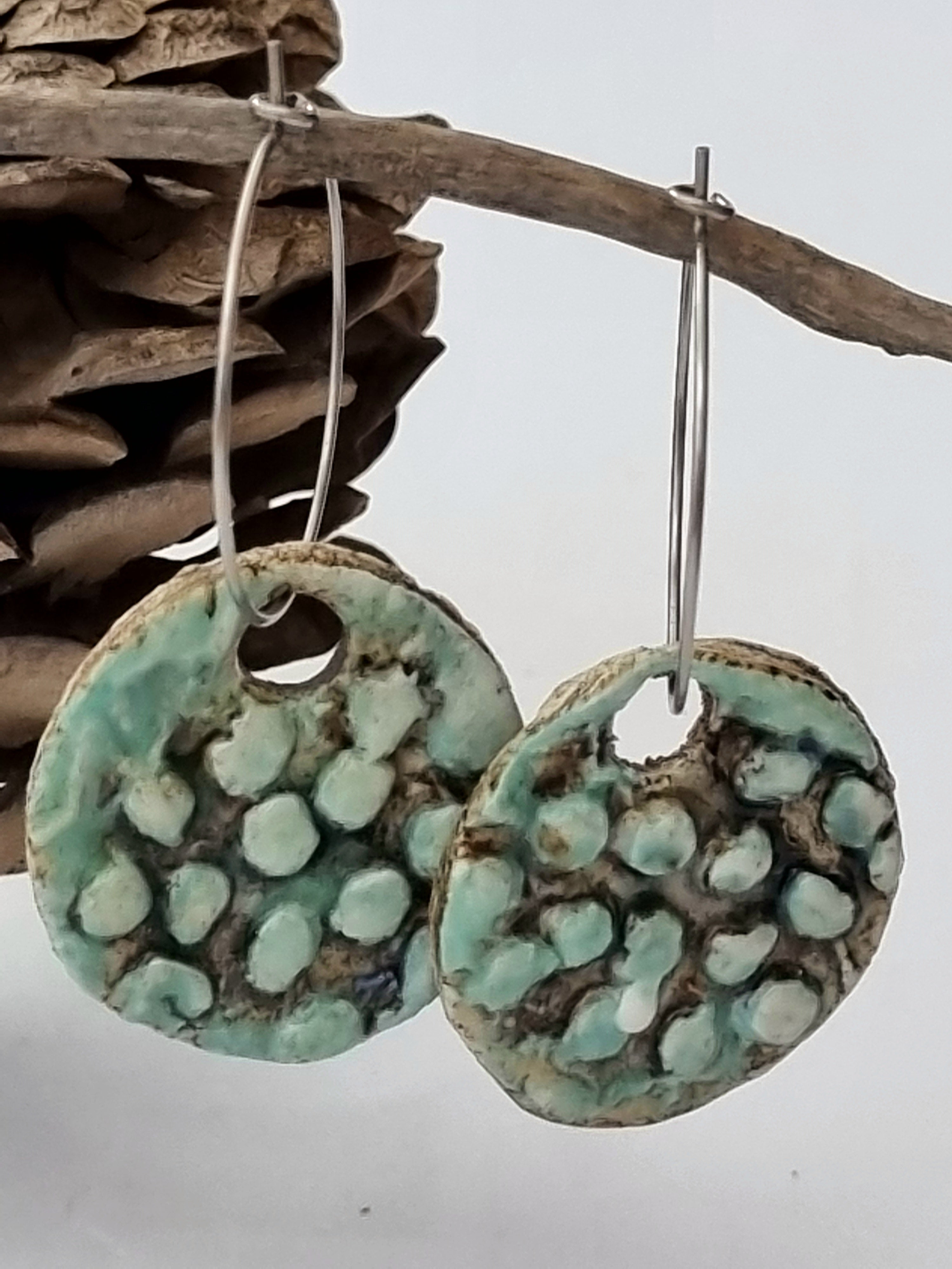 Handmade Stoneware Ceramic Earrings, blue-green black multi-coloured, 28mm diameter, pierced ears
