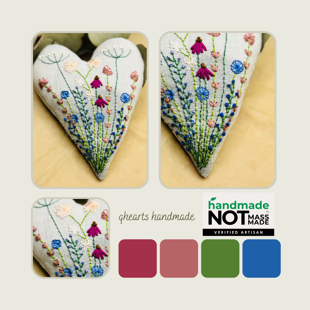 Hand Embroidered Heart filled with Australian wool - cottage garden