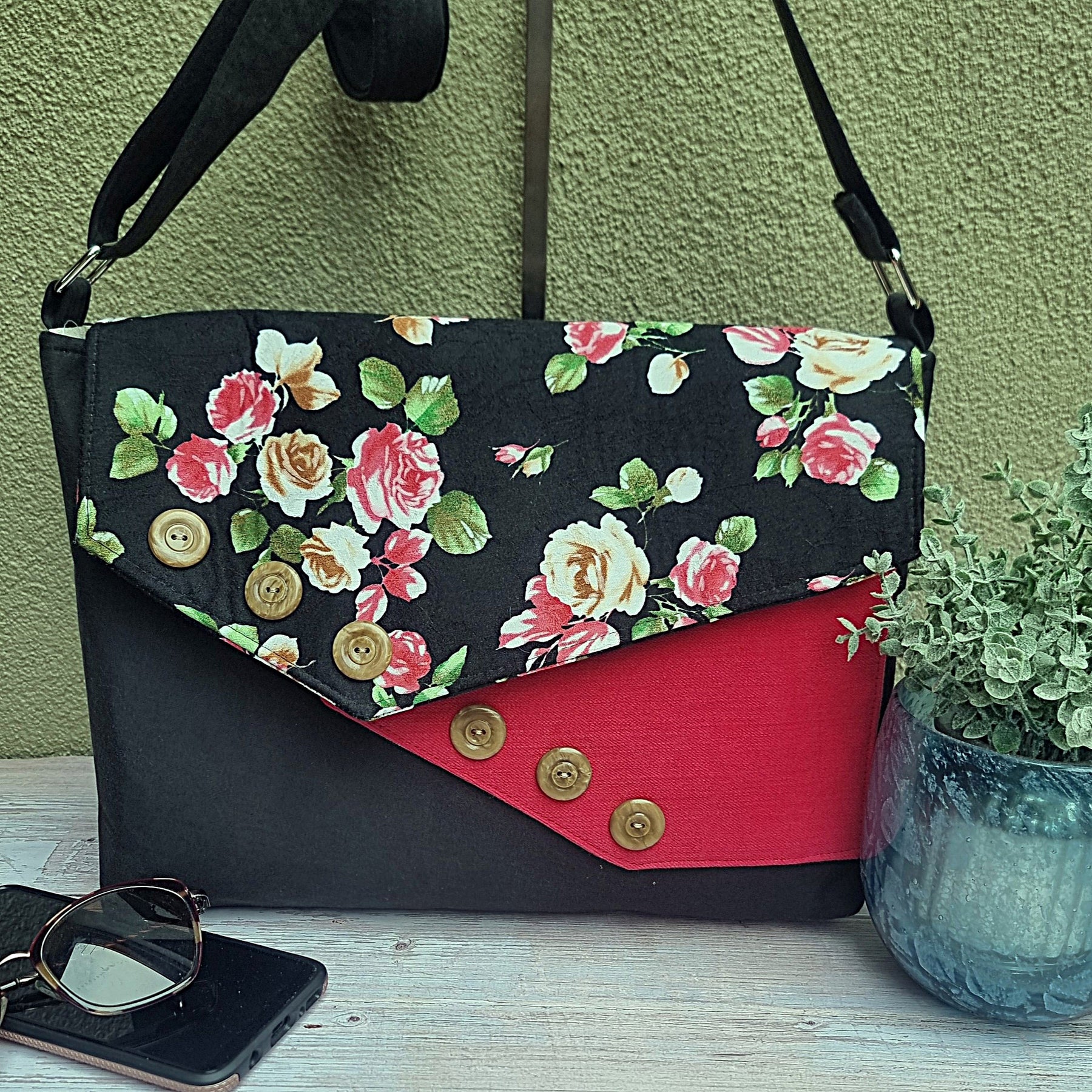 Upcycled assymetrical crossbody messenger bag - black & pink with roses