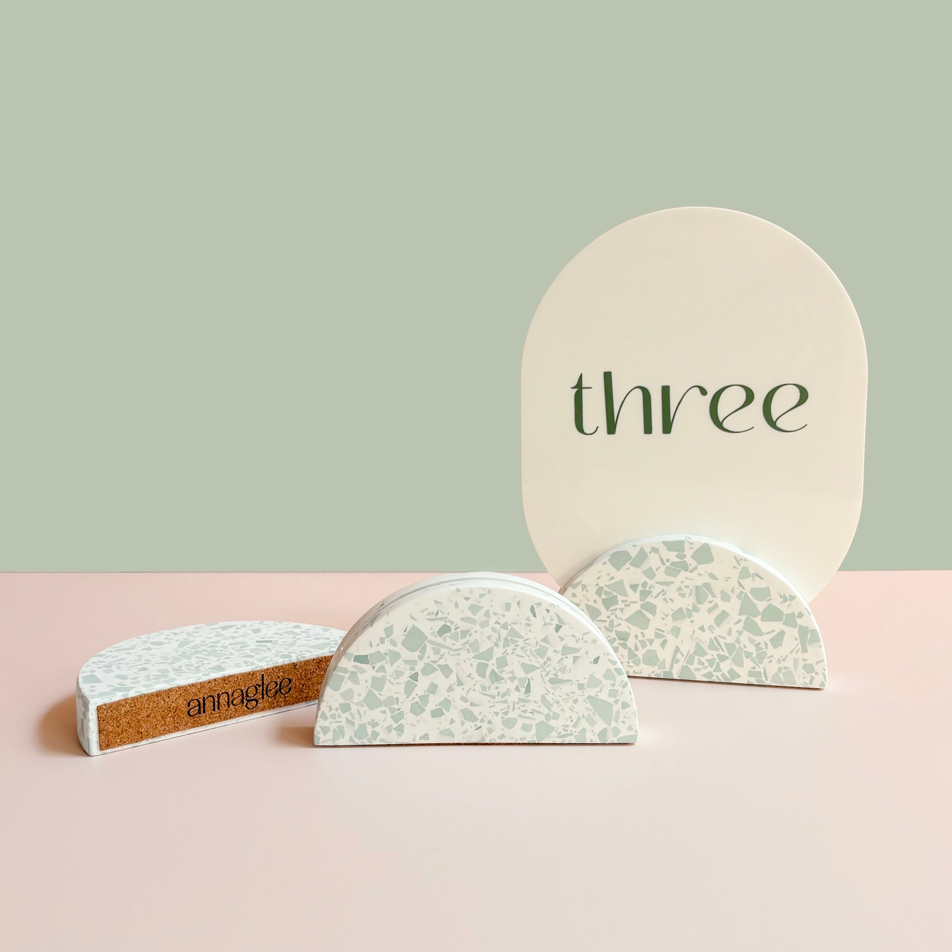 Wedding table numbers, green and white eco resin terrazzo