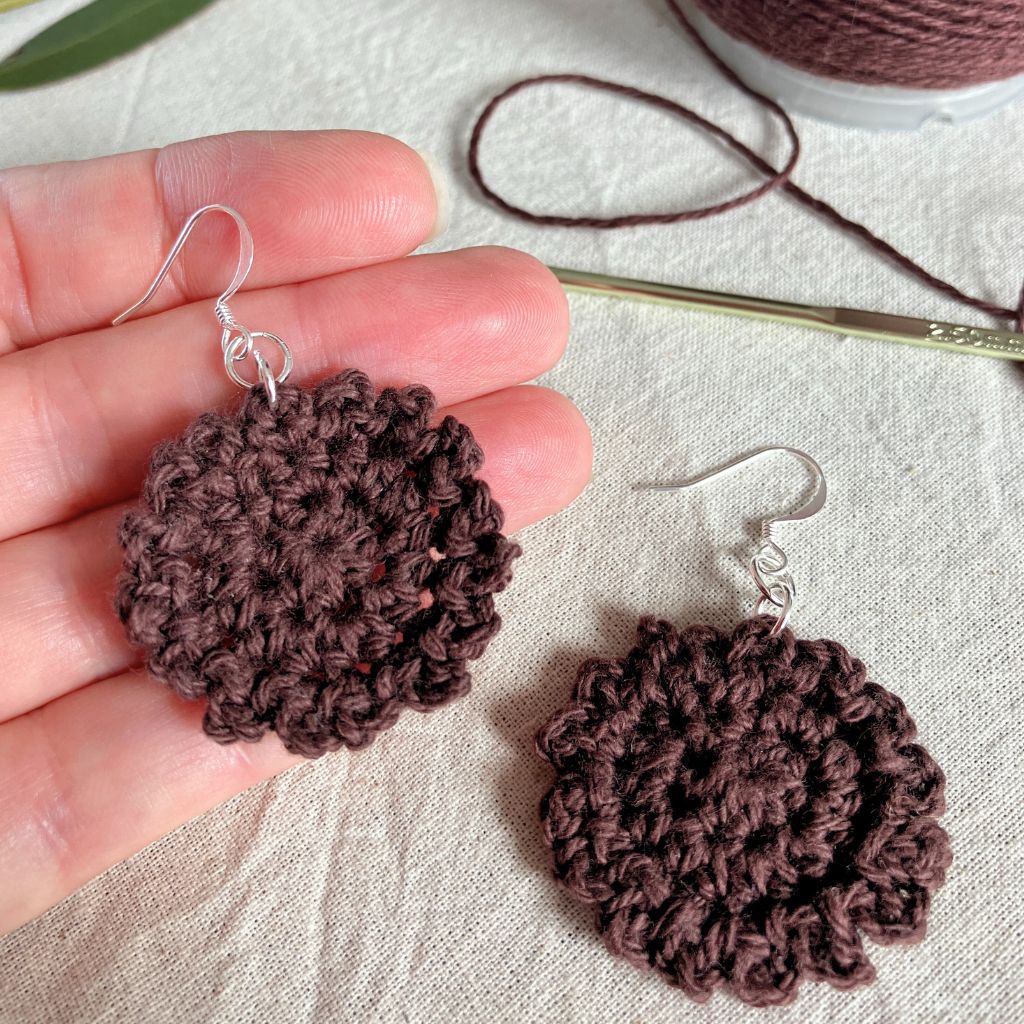 Earthy Brown Rippled Round - Handmade Cotton Crochet Dangle Earrings