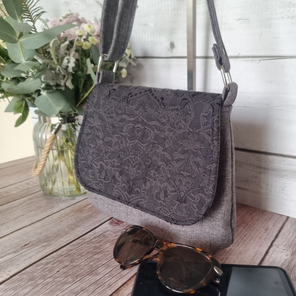 Upcycled small messenger bag - grey & black filigree pattern