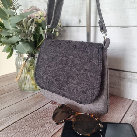 Upcycled small messenger bag - grey & black filigree pattern