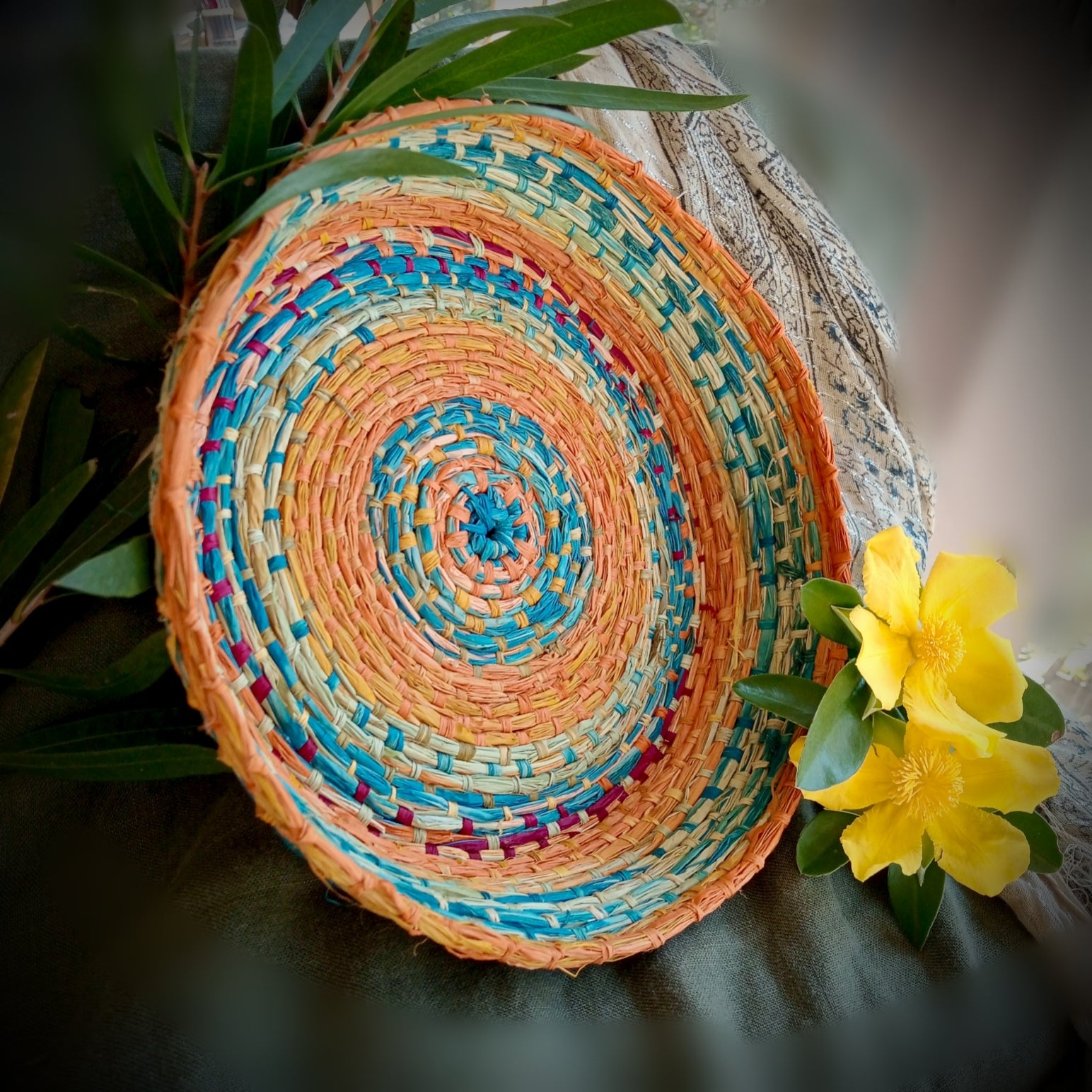 Wide Colourful Raffia Basket
