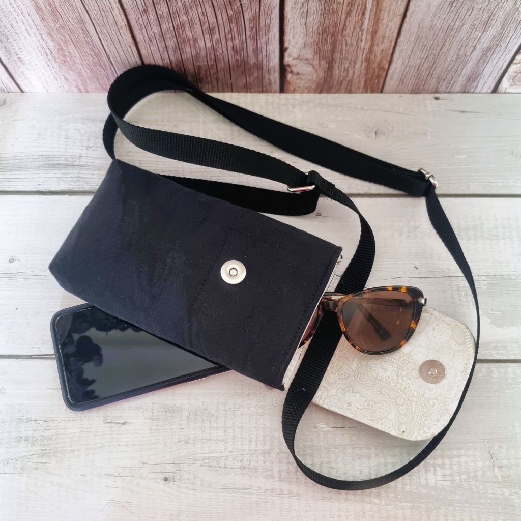 Upcycled small phone messenger bag - coral & latte roses on black