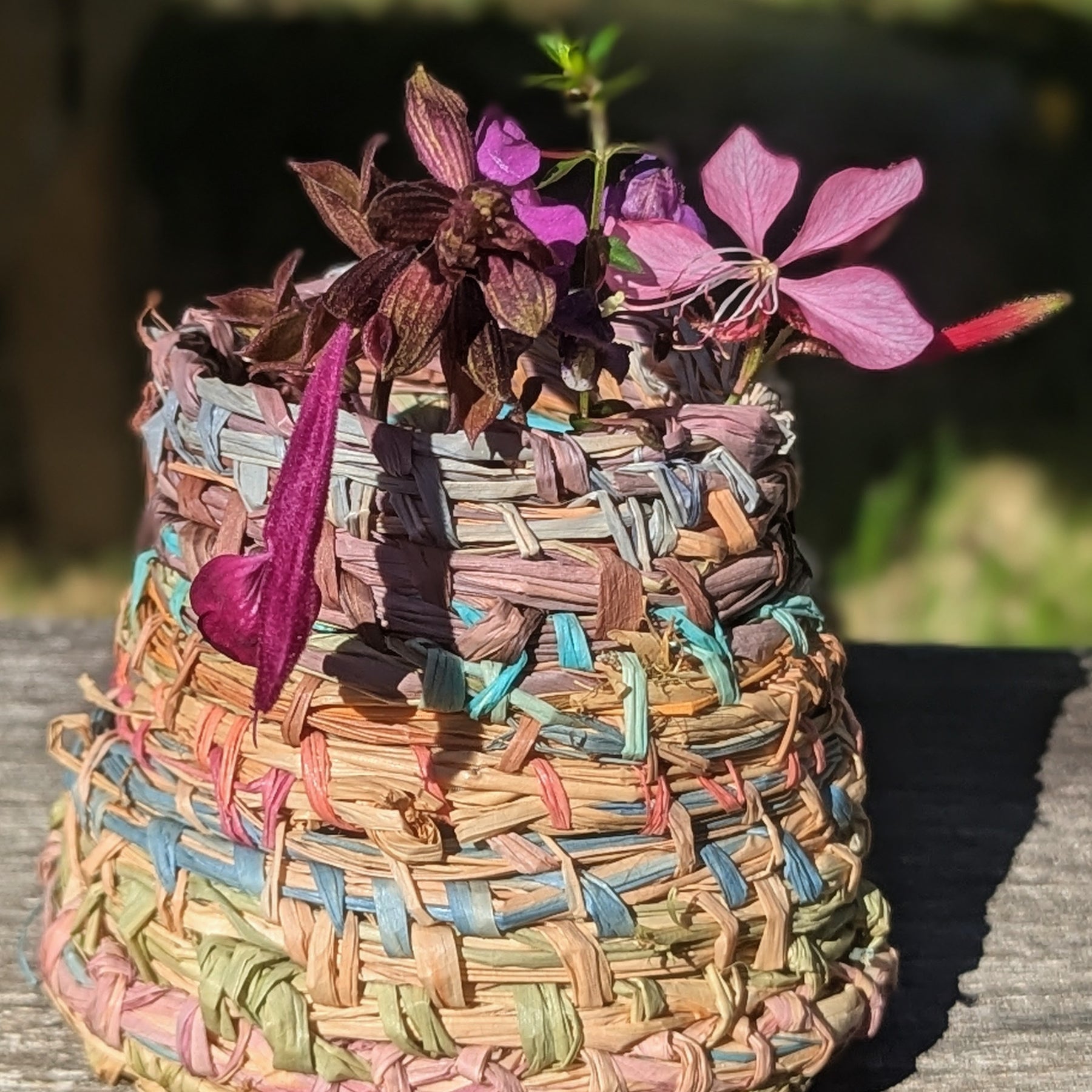Colourful Woven Vessel | Small Raffia Basketry | Bud Vase Cover |