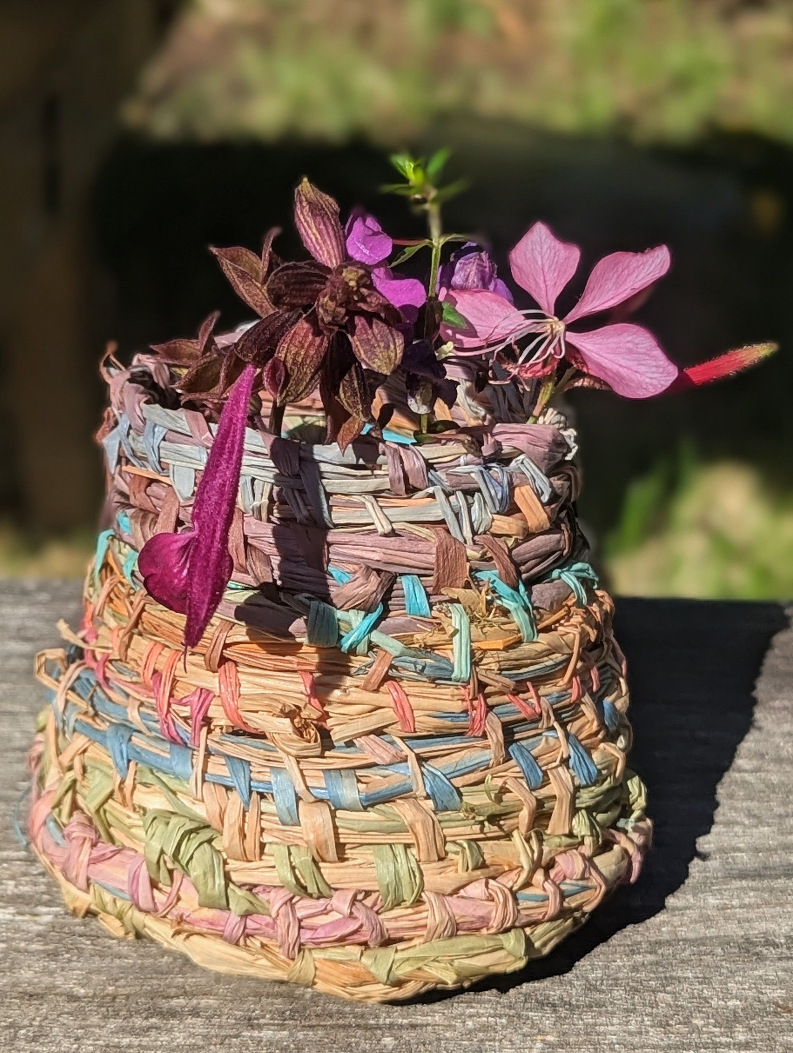 Colourful Woven Vessel | Small Raffia Basketry | Bud Vase Cover |
