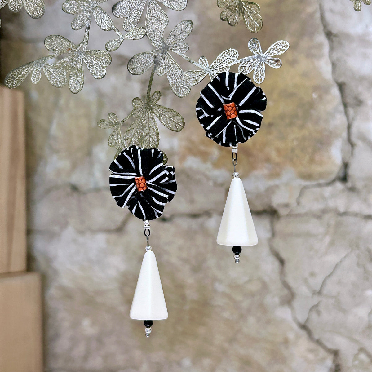 Earrings Black White Textile & Vintage Beads - EBW-113