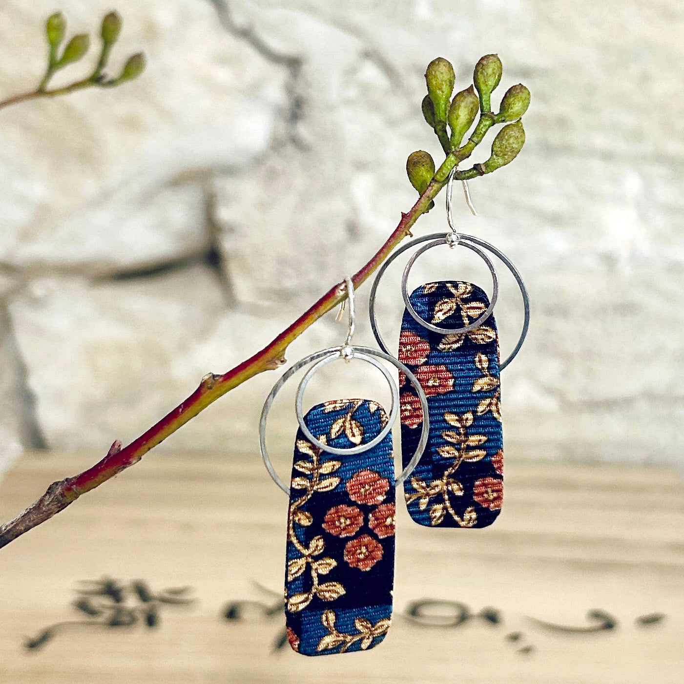 Earrings Long Floral Silk Blue Yellow - EC-594